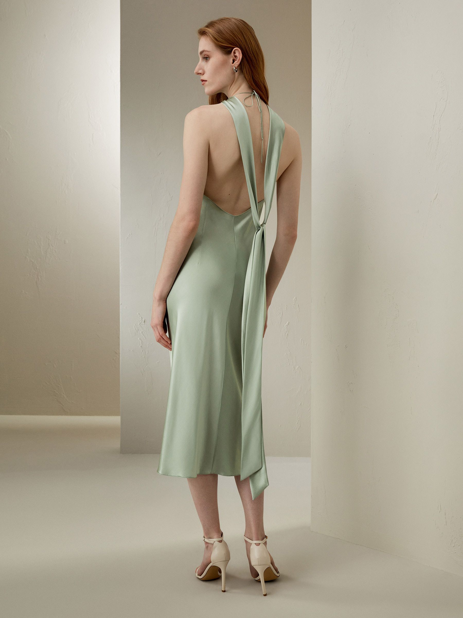 Halter Neck Open Back Silk Dress