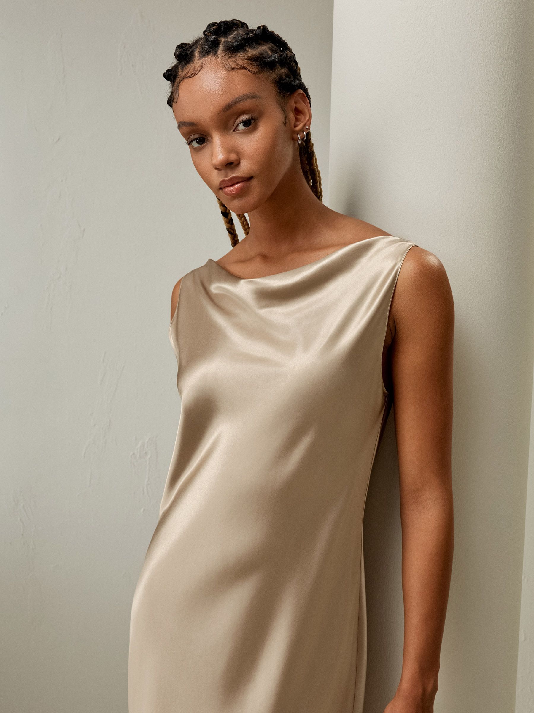 Cowl-Neck Watershine Silk Midi Dress