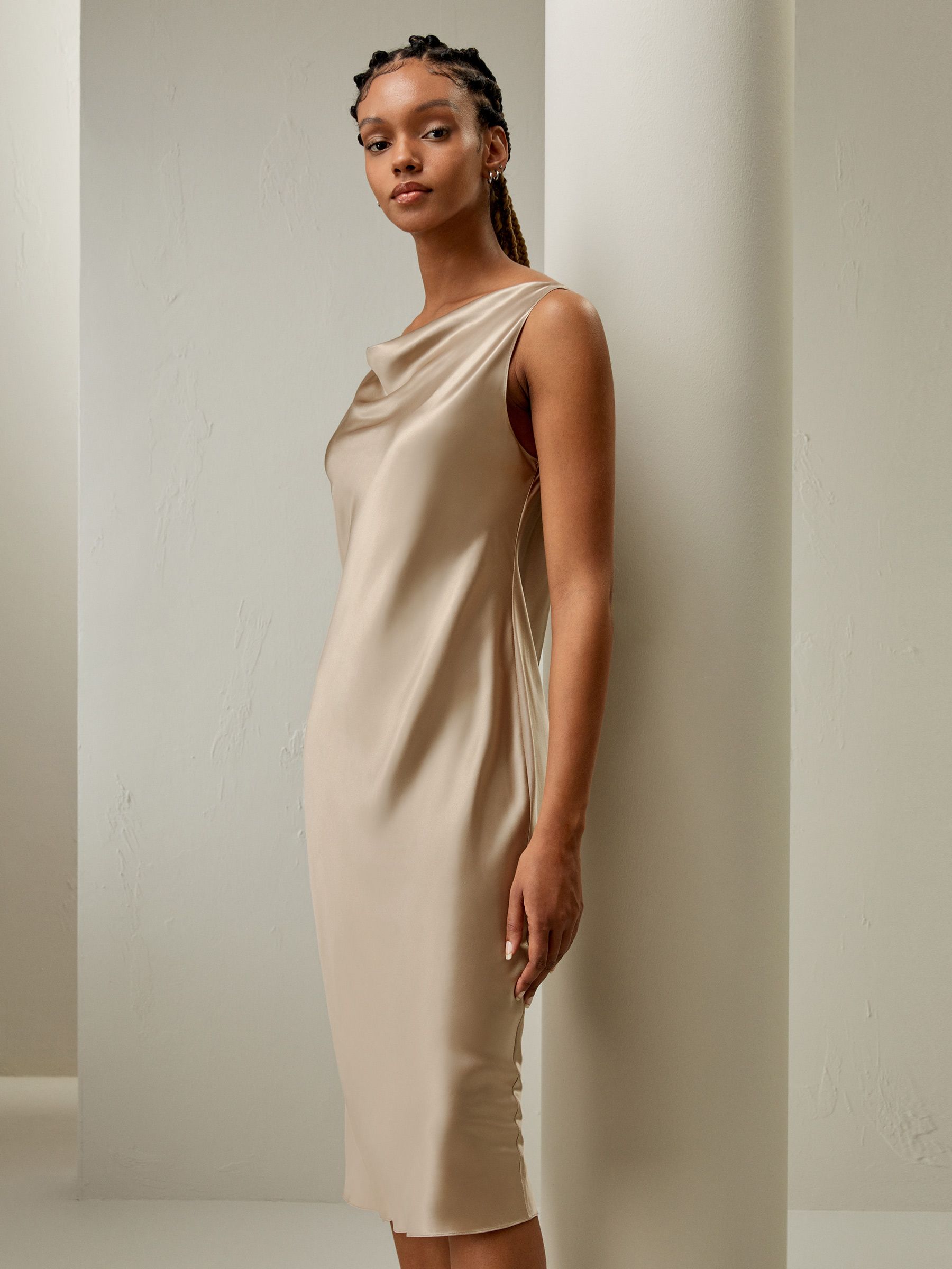 Cowl-Neck Watershine Silk Midi Dress