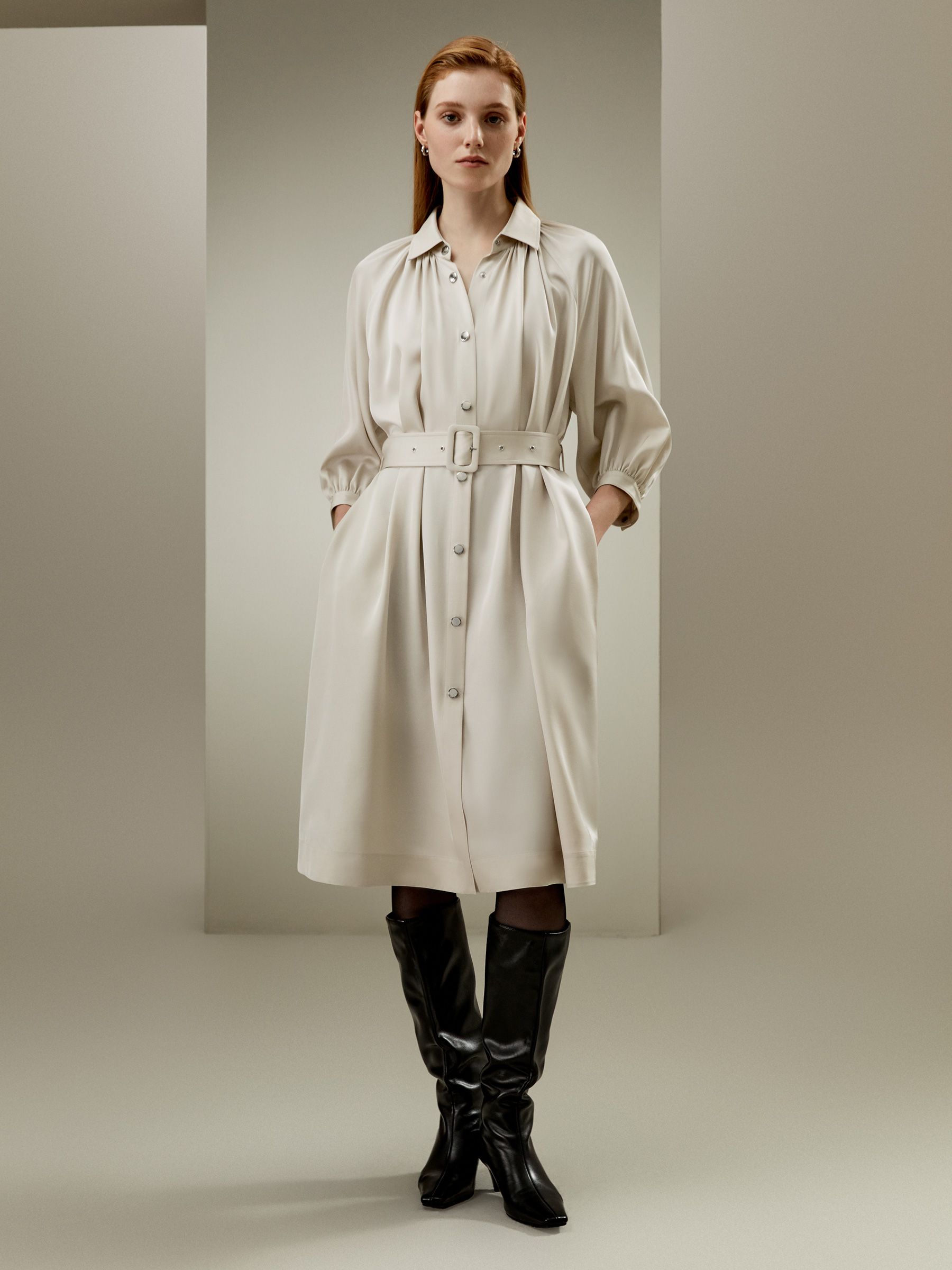 Belted Silk-Wool Windbreaker Dress