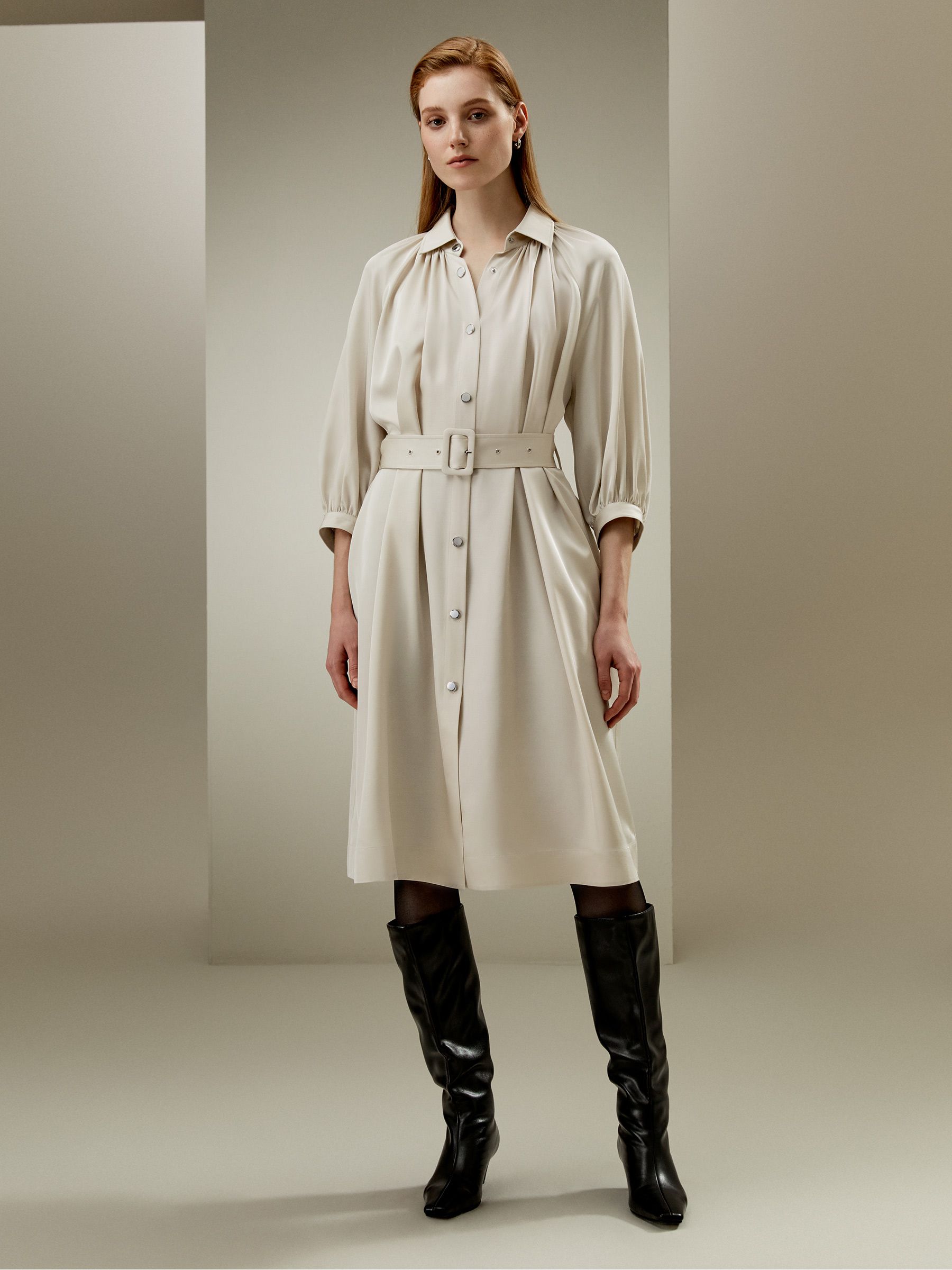 Belted Silk-Wool Windbreaker Dress