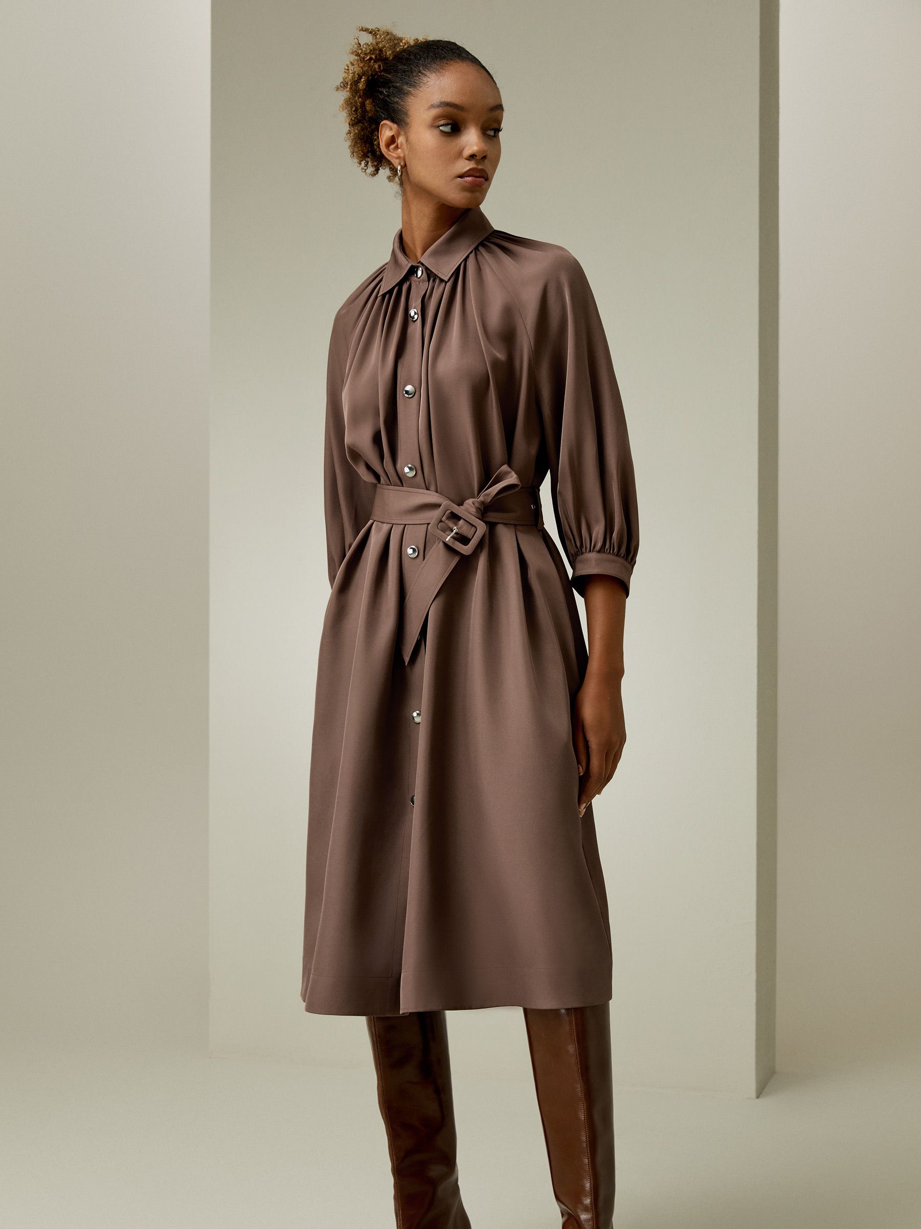 Belted Silk-Wool Windbreaker Dress