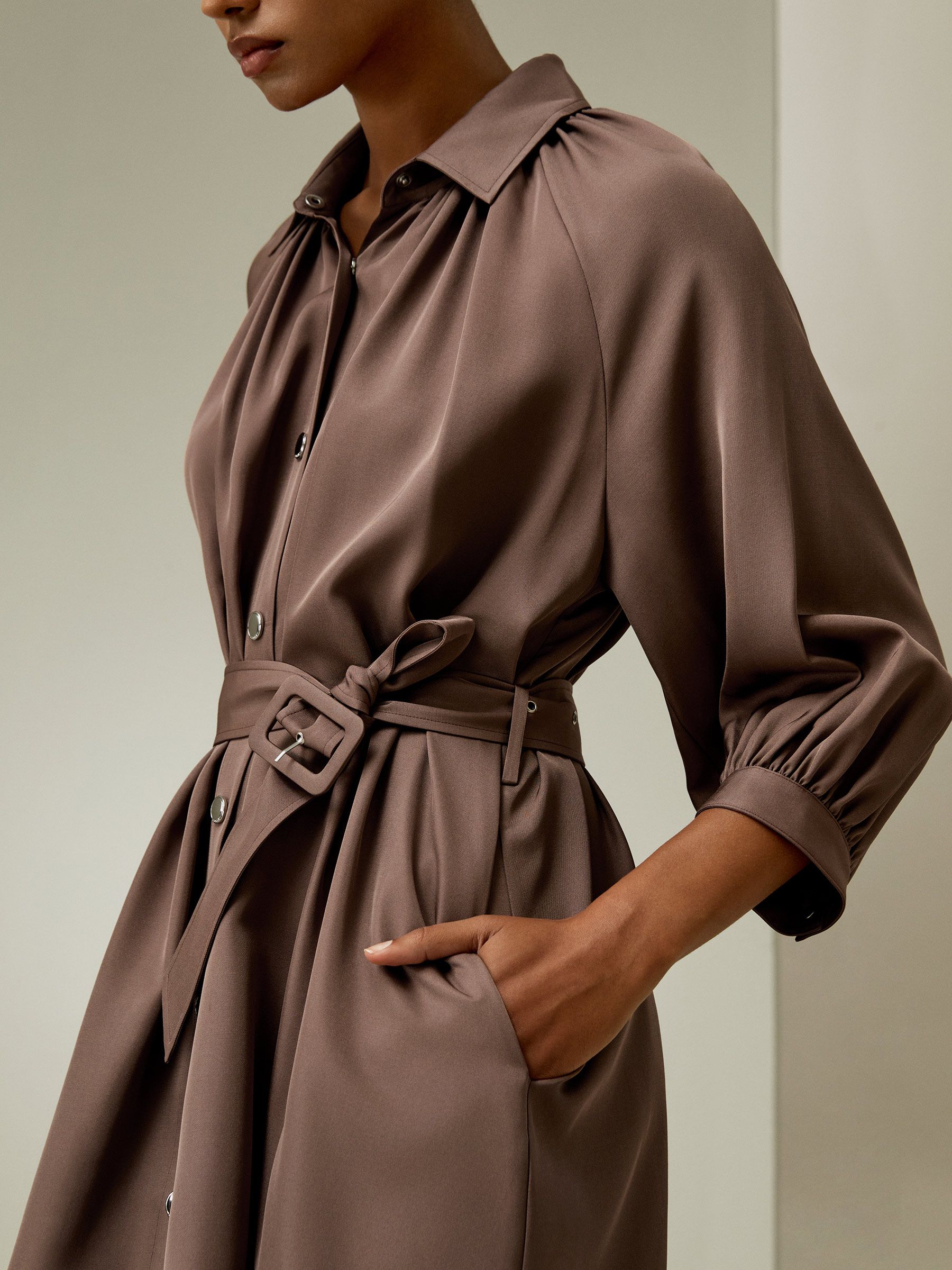 Belted Silk-Wool Windbreaker Dress