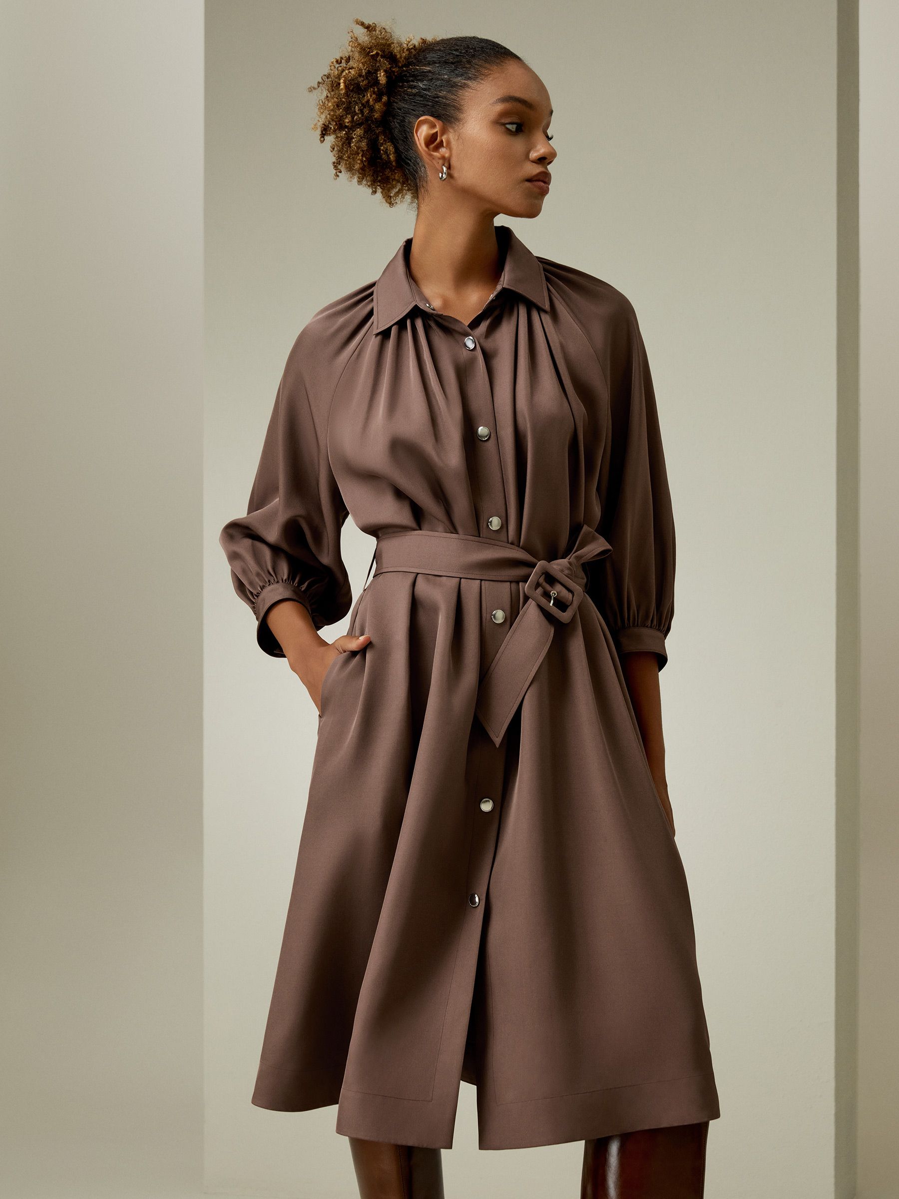 Belted Silk-Wool Windbreaker Dress