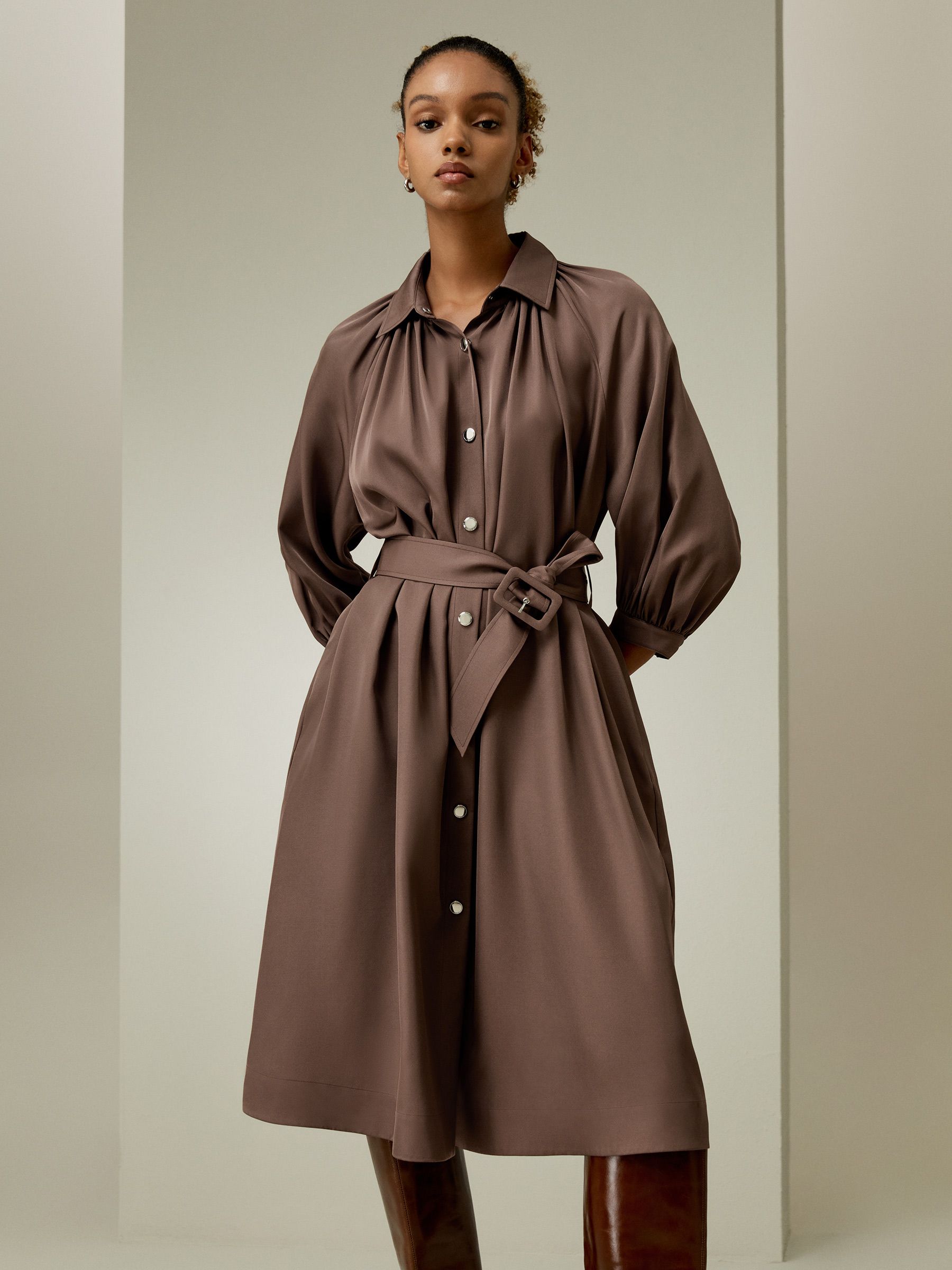 Belted Silk-Wool Windbreaker Dress