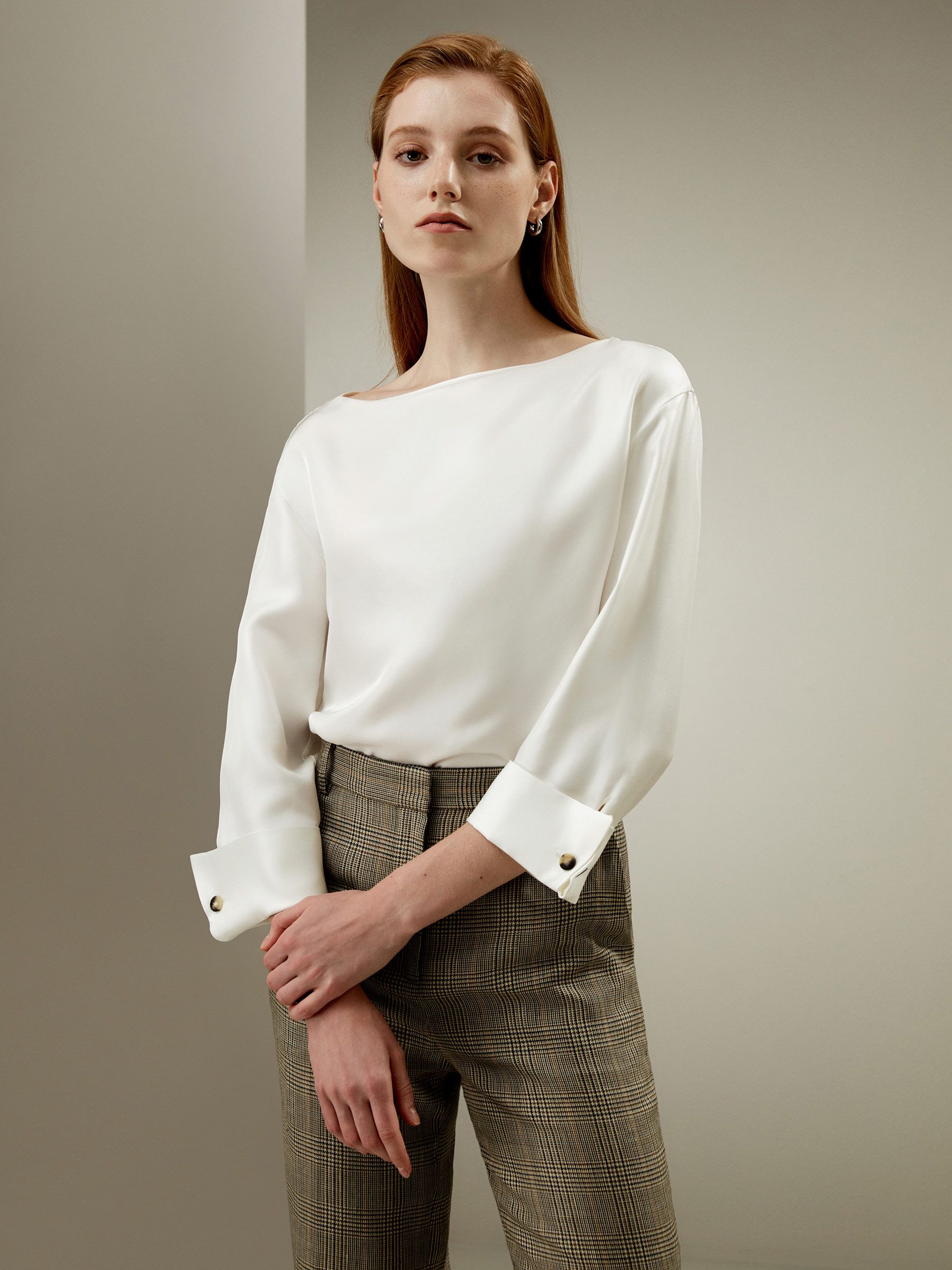 Silk Twill Blouse with Boat Neckline