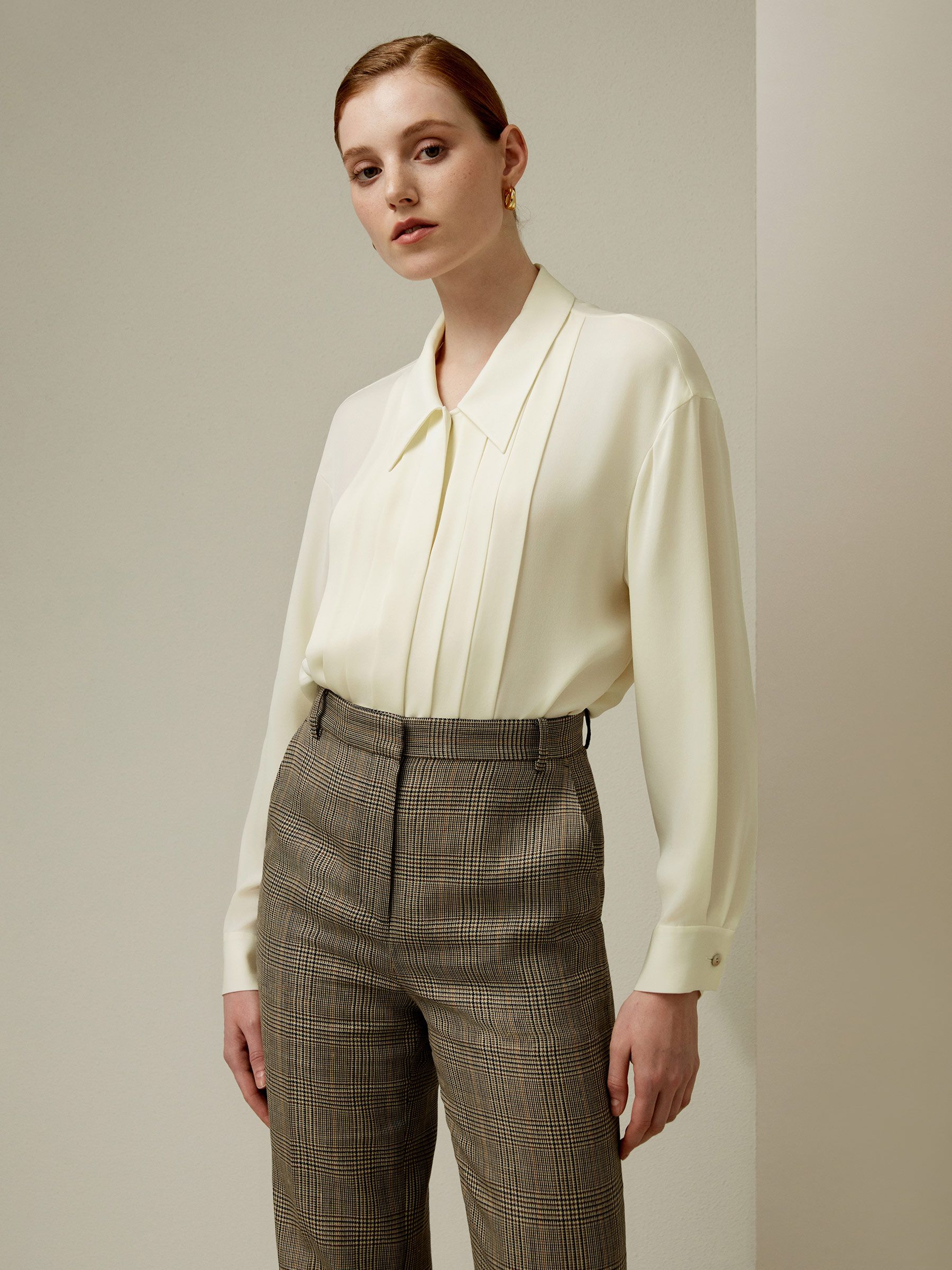 Pleated Point Collar Silk Blouse