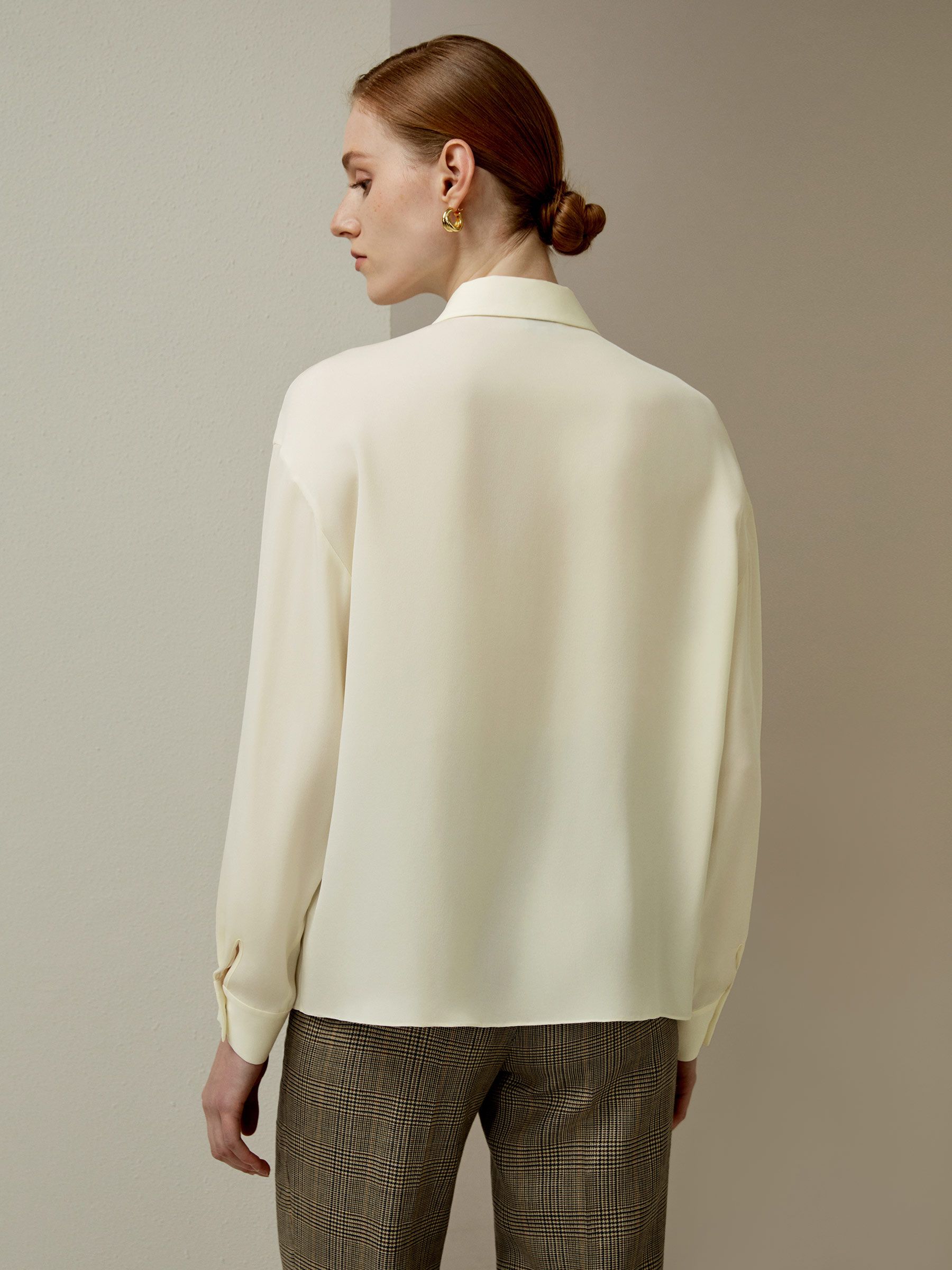 Pleated Point Collar Silk Blouse