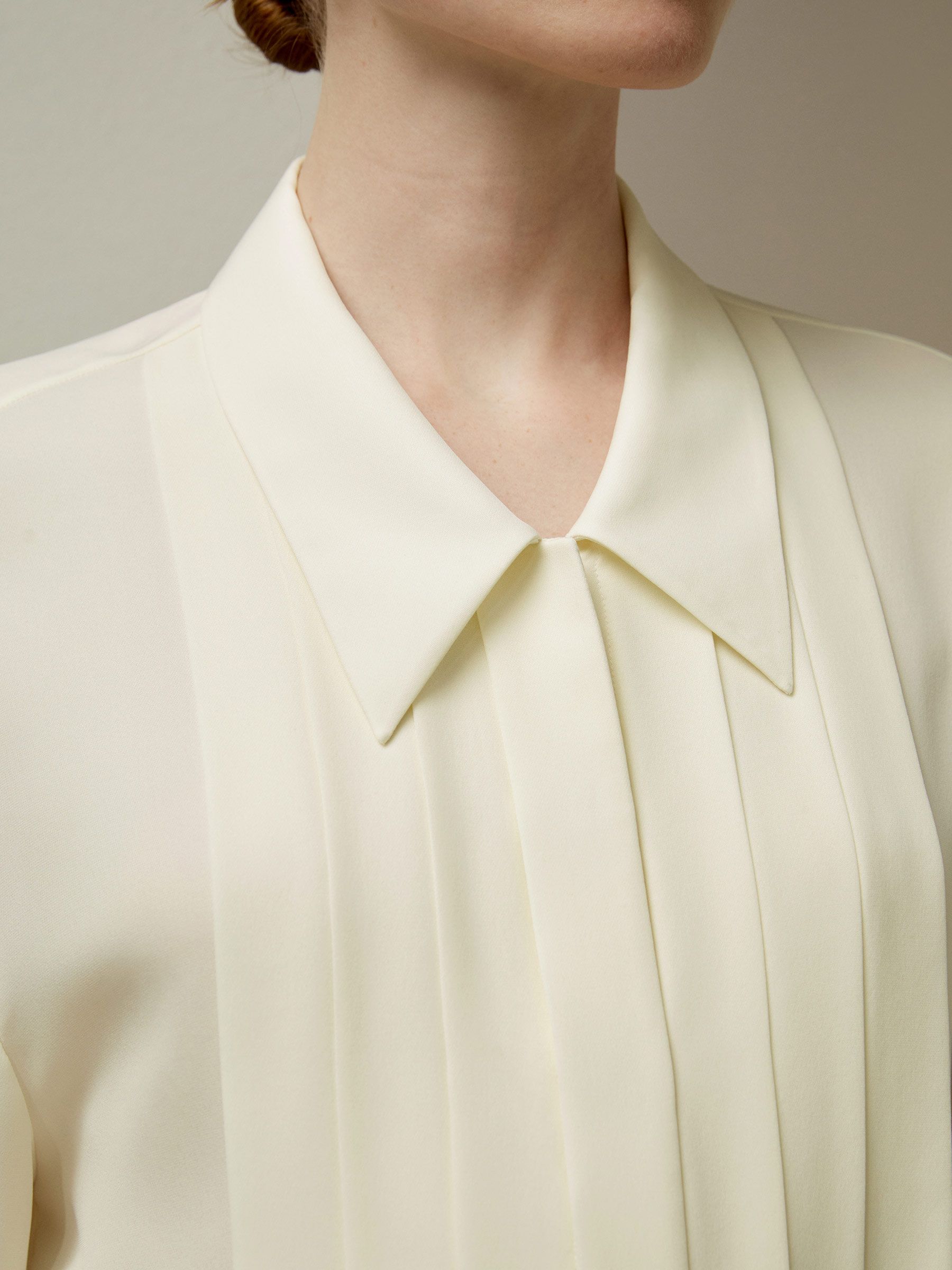 Pleated Point Collar Silk Blouse