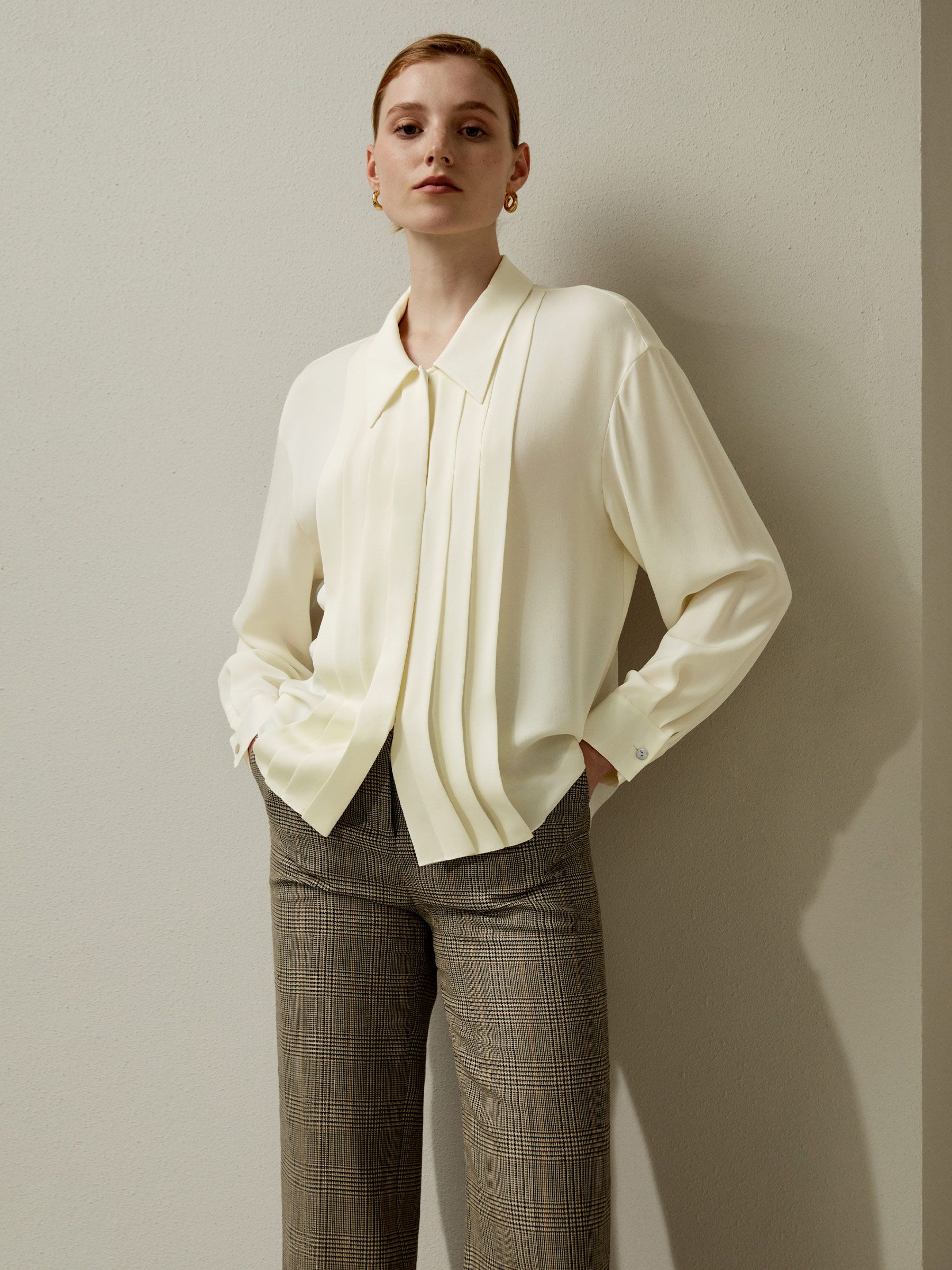 Pleated Point Collar Silk Blouse