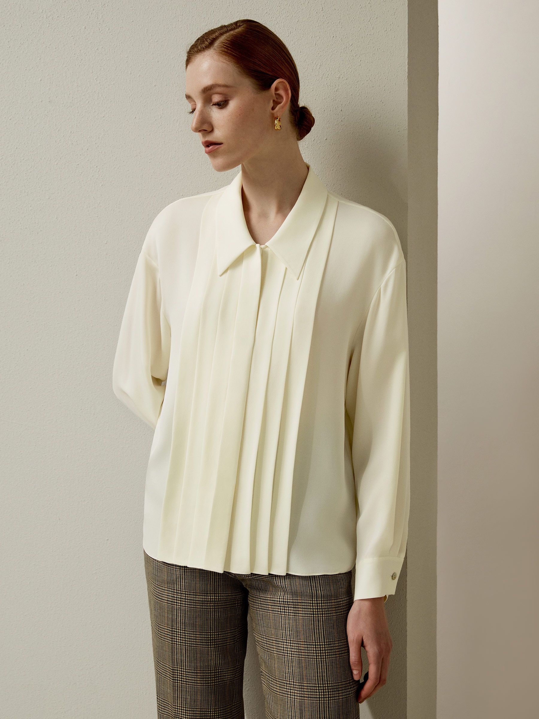 Pleated Point Collar Silk Blouse