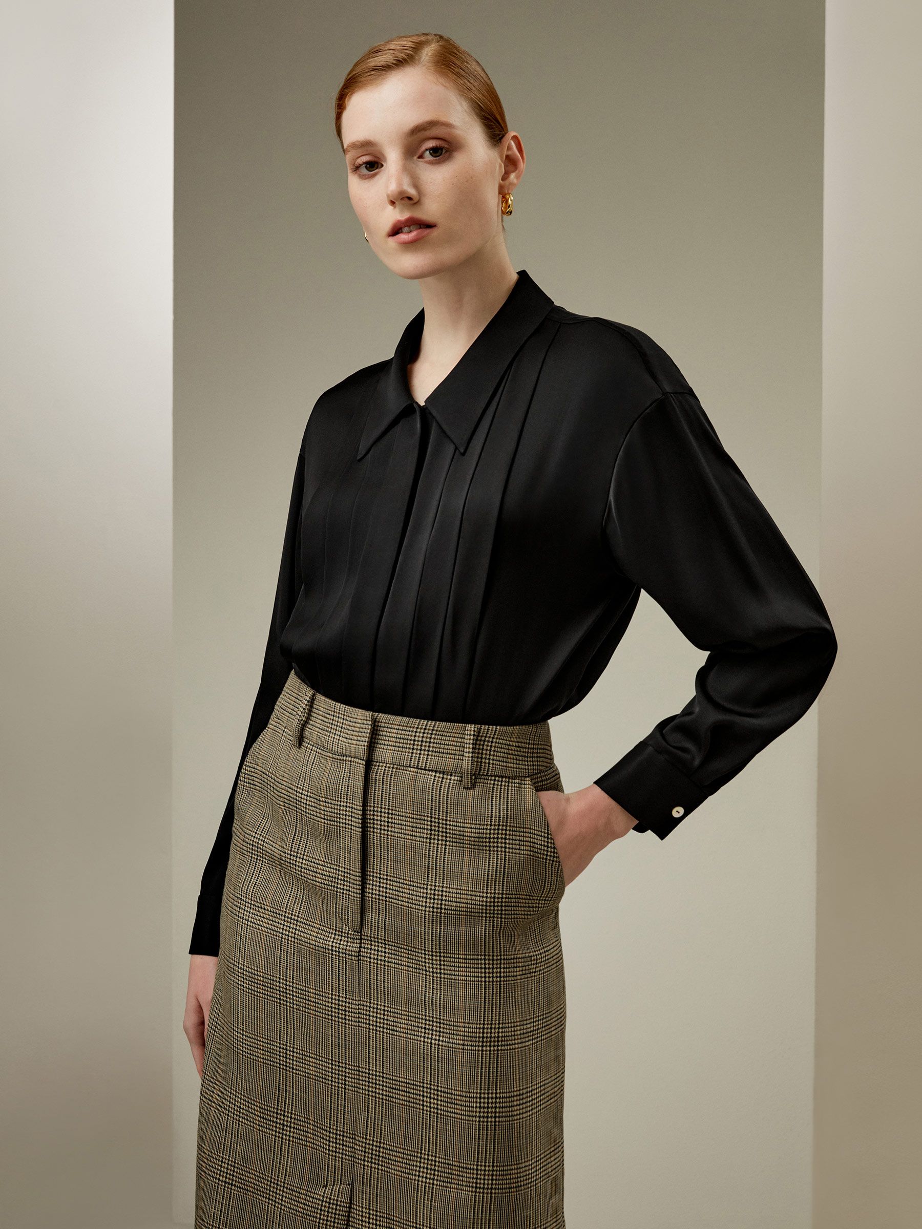 Pleated Shirt-Collar Silk Blouse