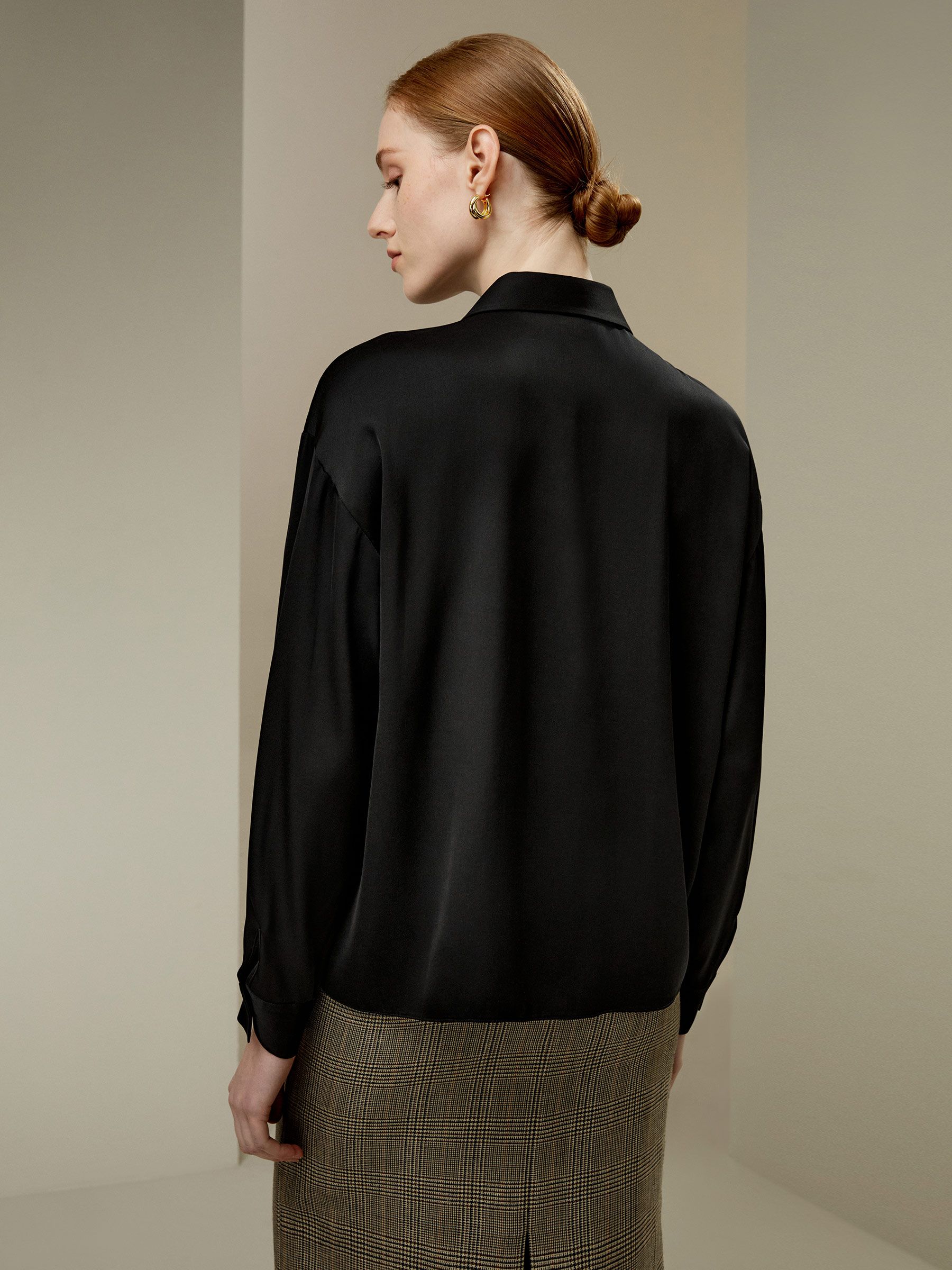 Pleated Shirt-Collar Silk Blouse