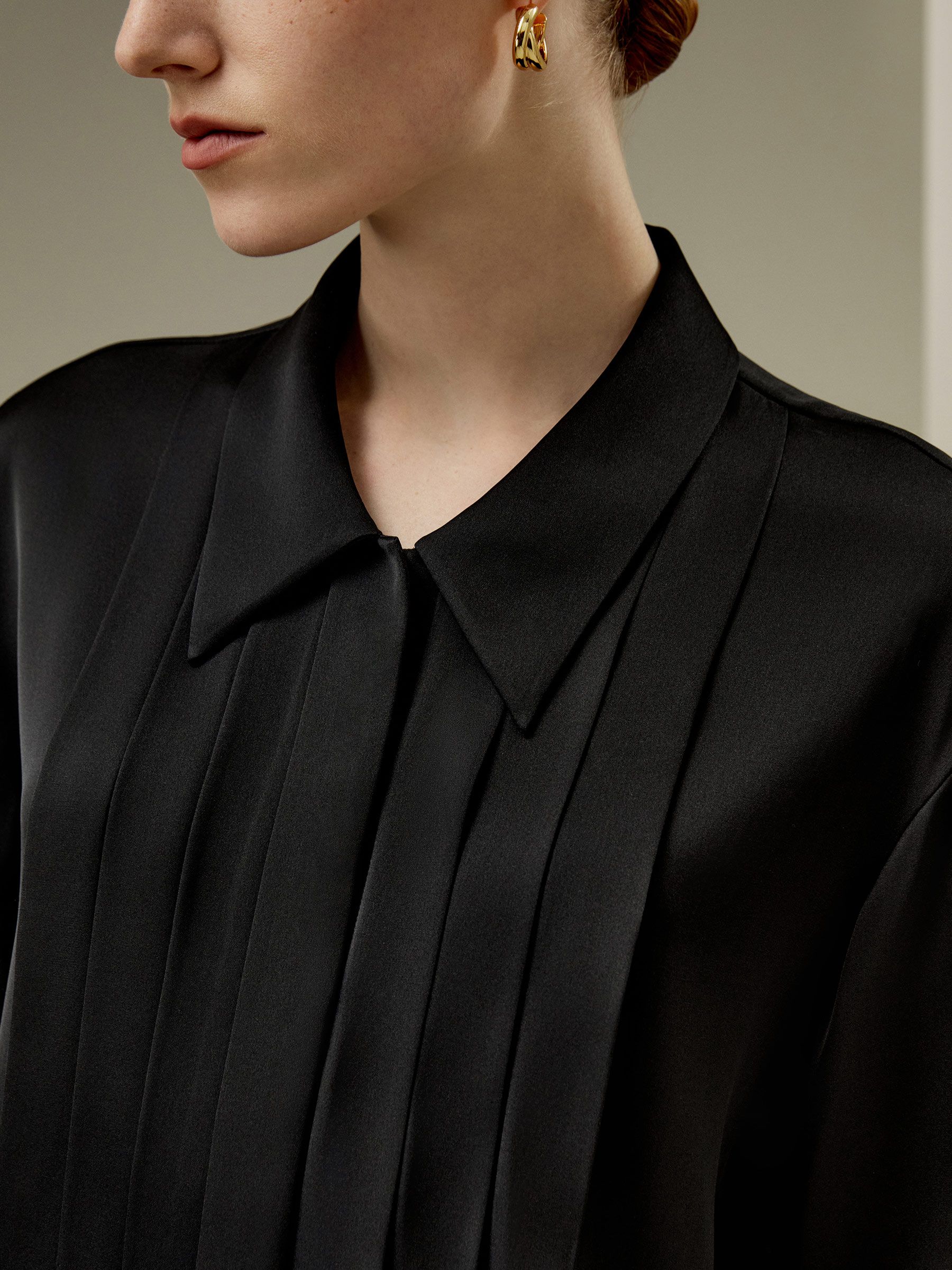 Pleated Shirt-Collar Silk Blouse