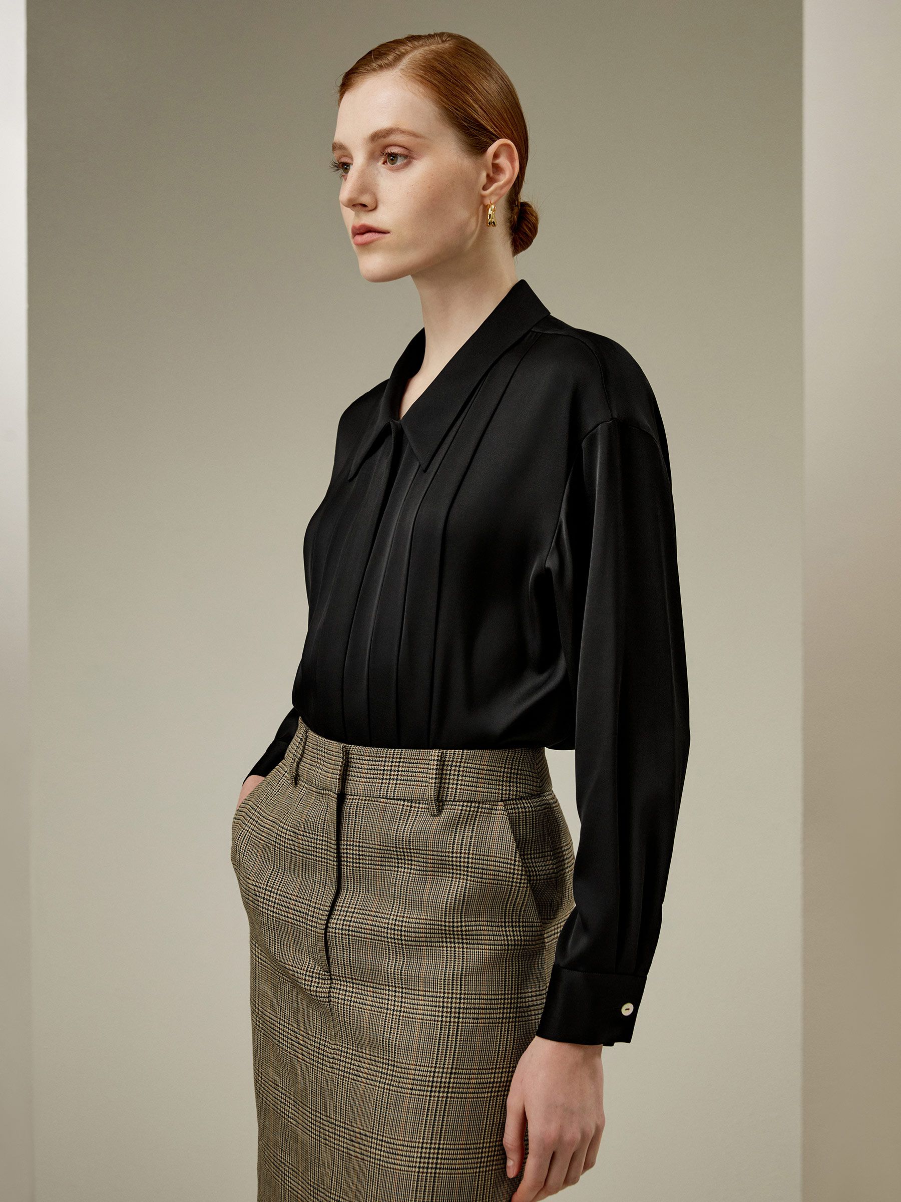 Pleated Shirt-Collar Silk Blouse