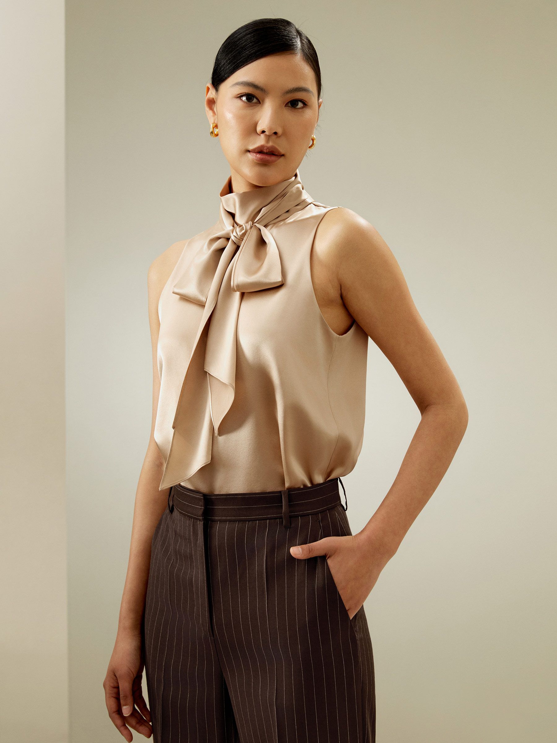 Sleeveless Tie-Neck Silk Blouse