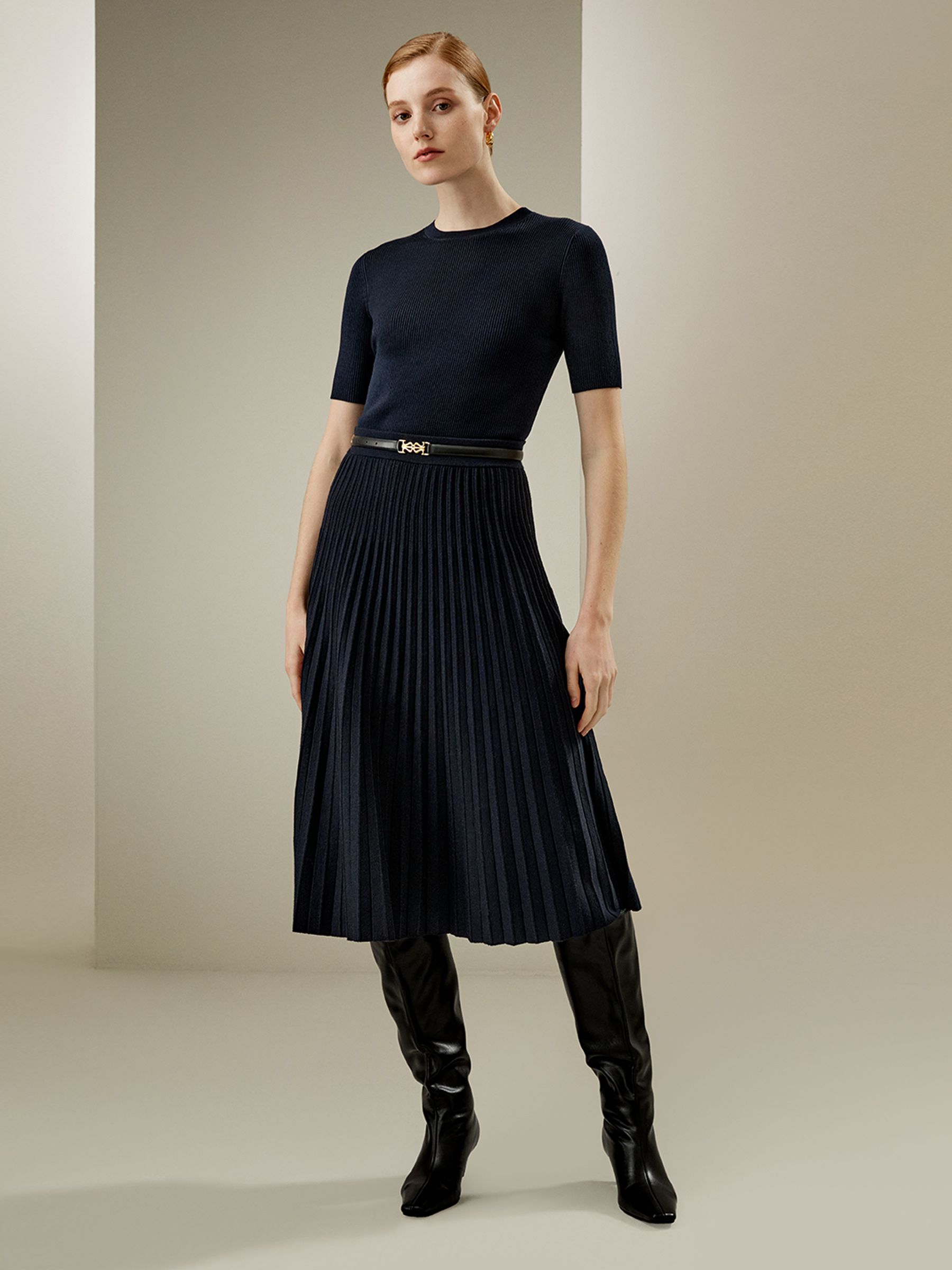 Pleated A-line Merino Wool Skirt