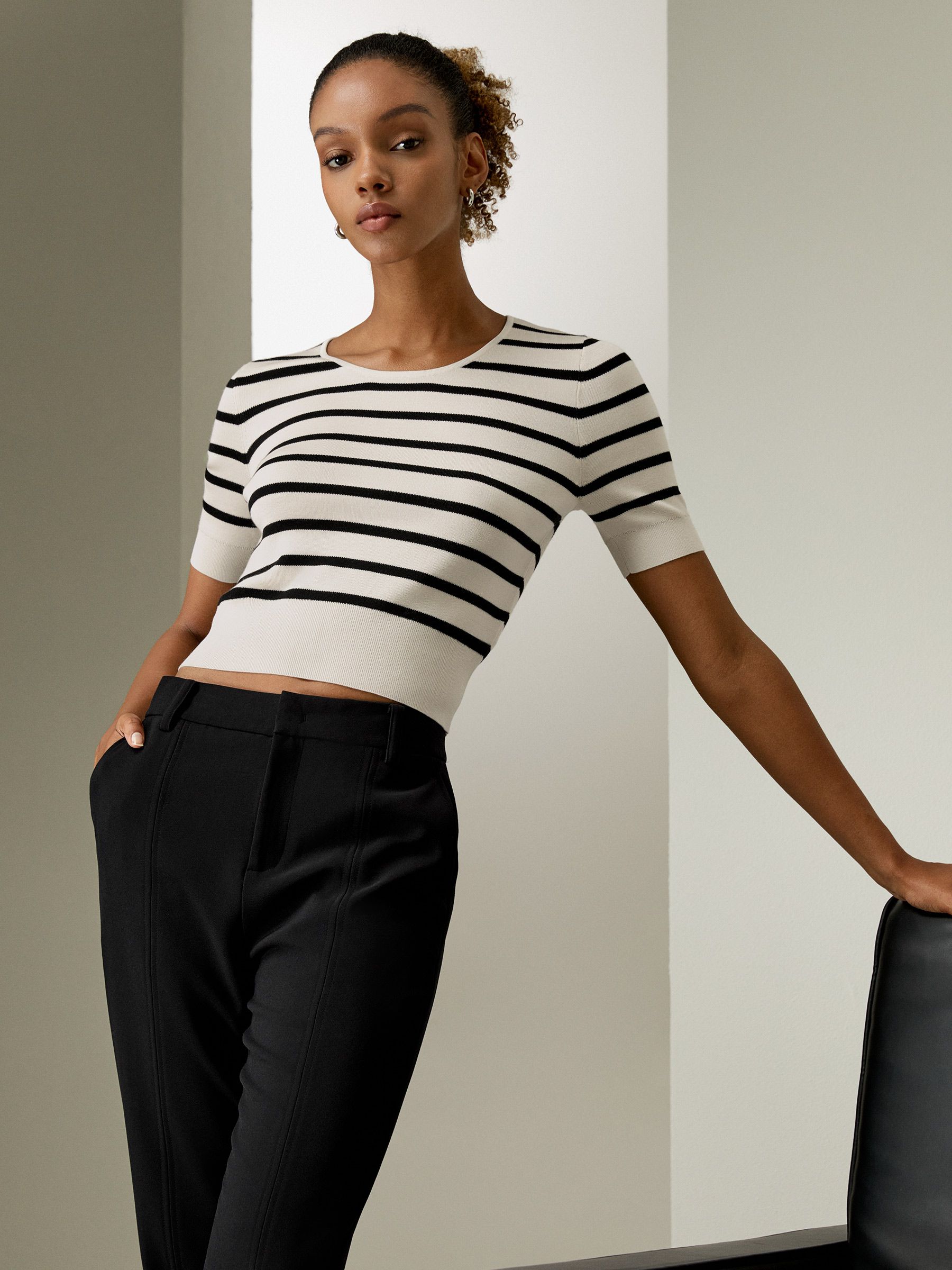 Silk Striped Cropped Knit Top