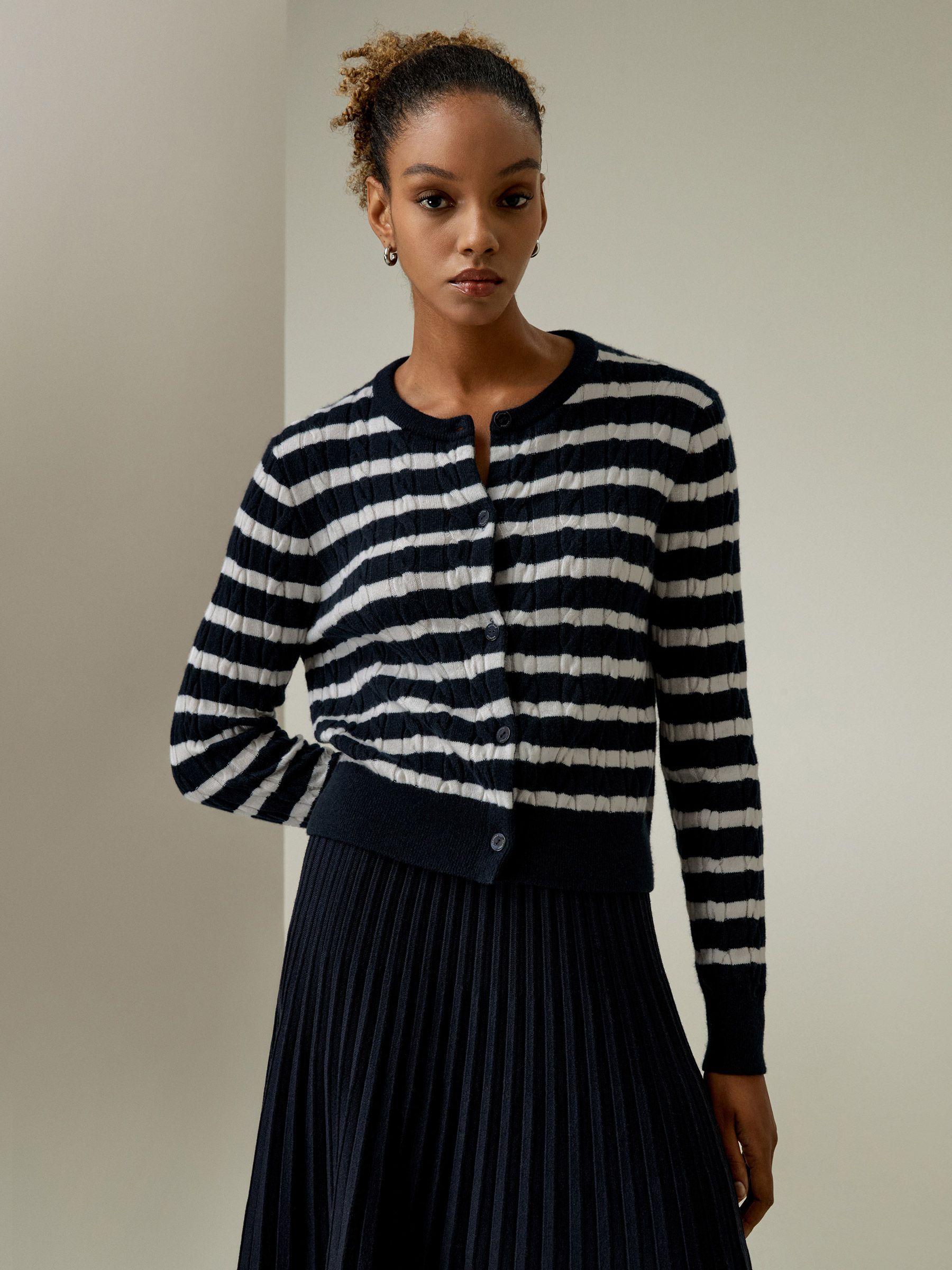 Striped Cable-Knit Cashmere Cardigan