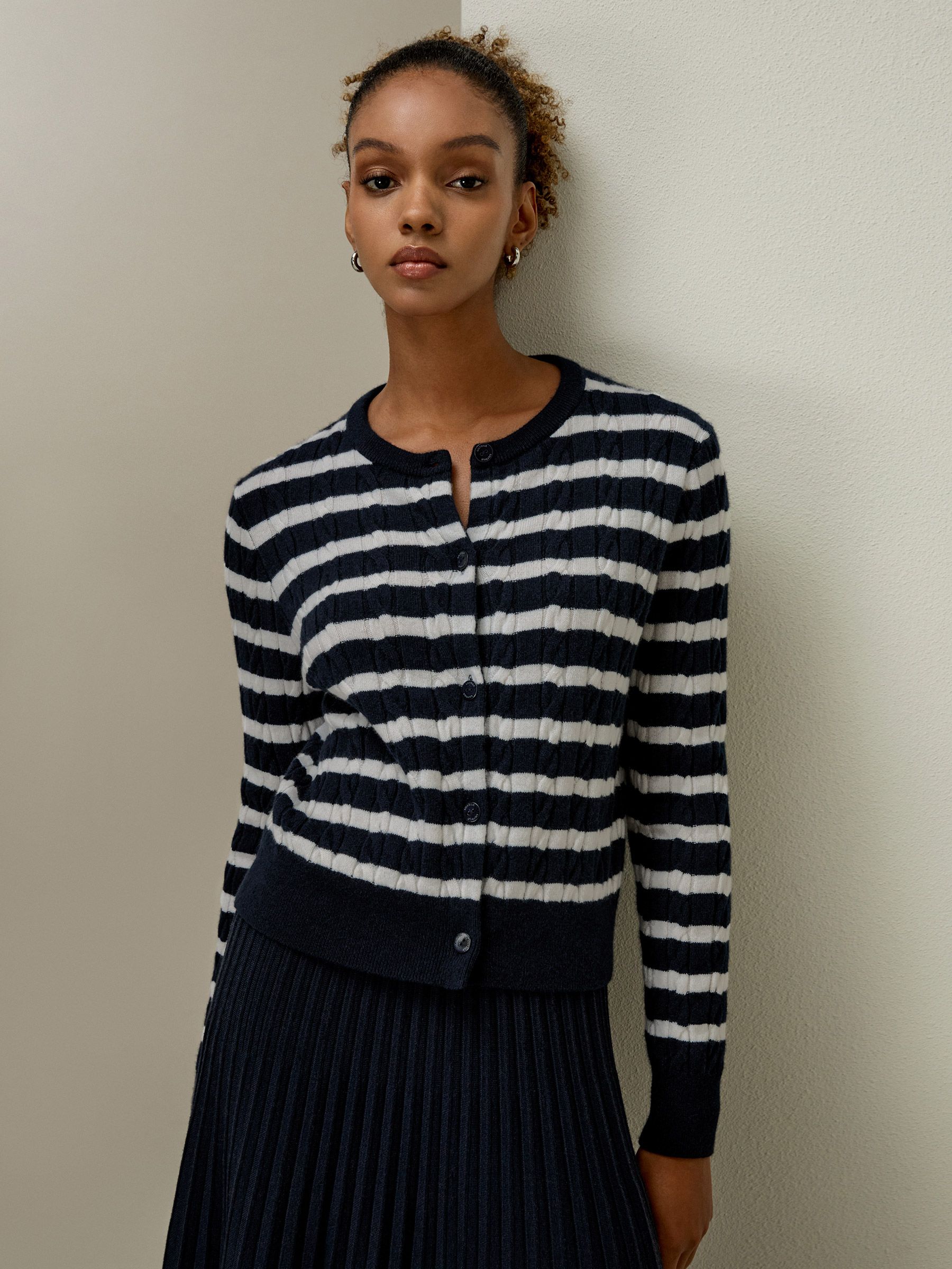 Striped Cable-Knit Cashmere Cardigan