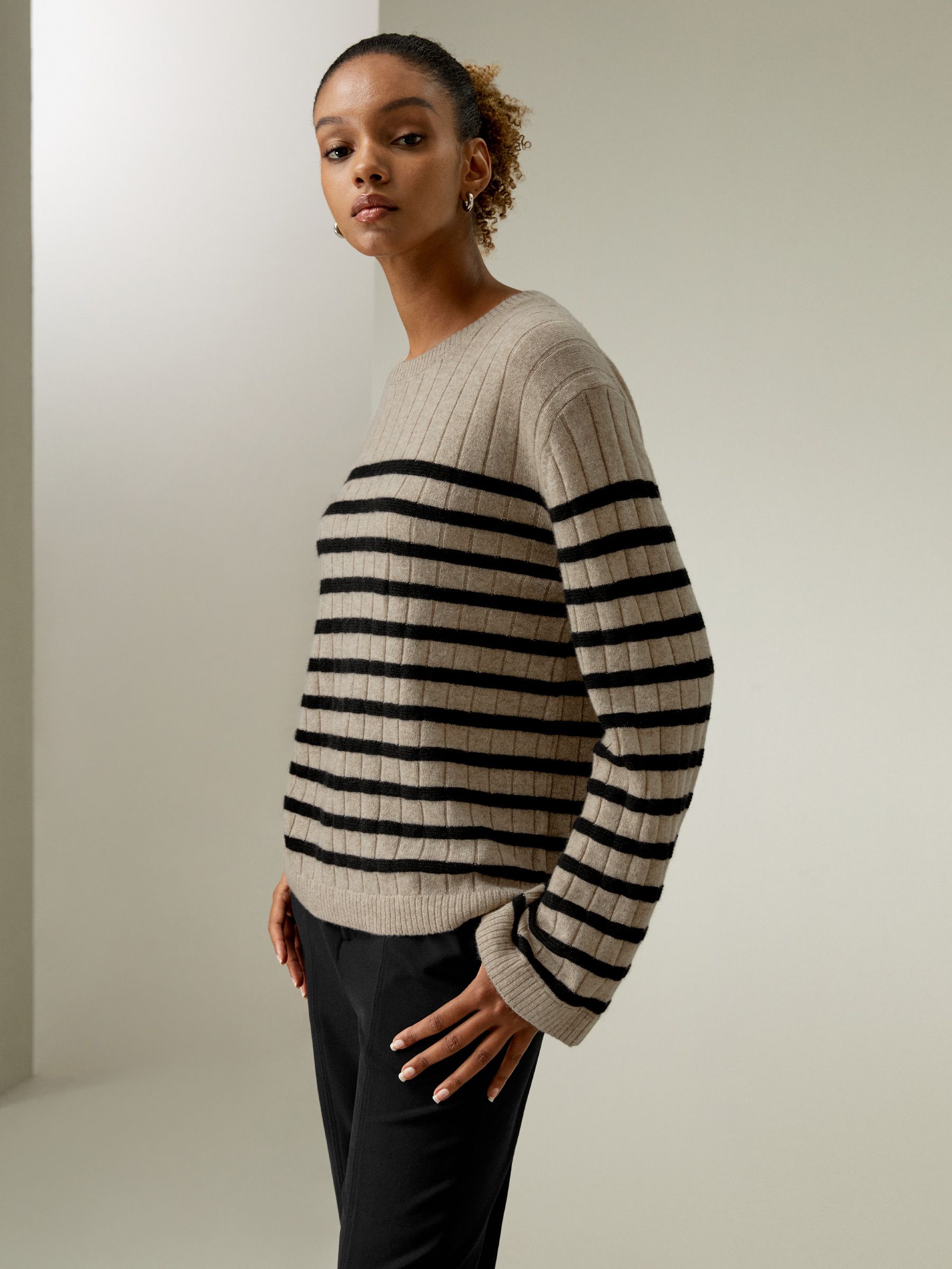 Drop-Shoulder Striped Cashmere Sweater