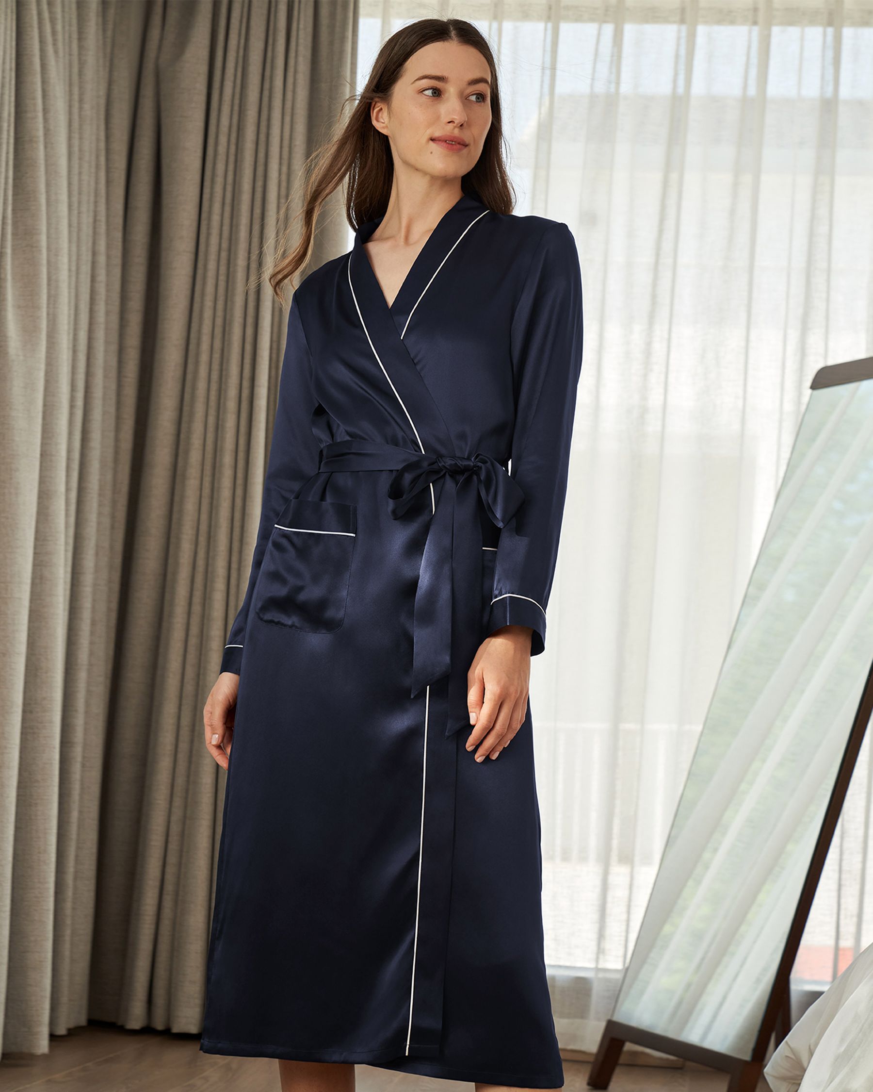 22 Momme Contra Trim And Full Length Silk Dressing Gown