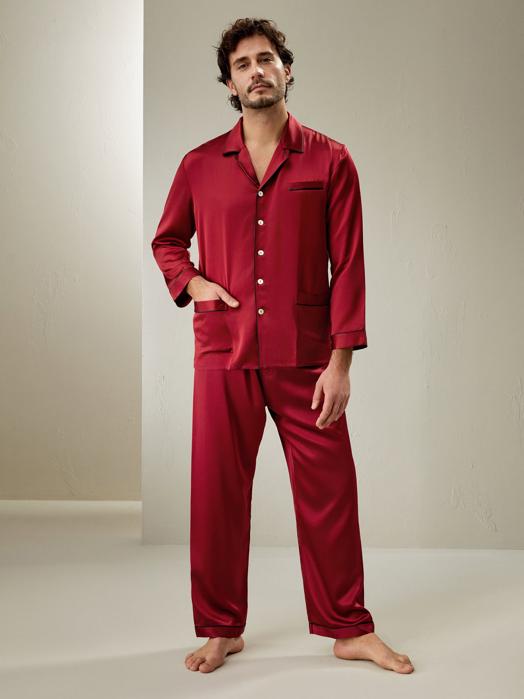 Ensemble De Pyjama En Soie Longue Bordure Contraste Pour Homme