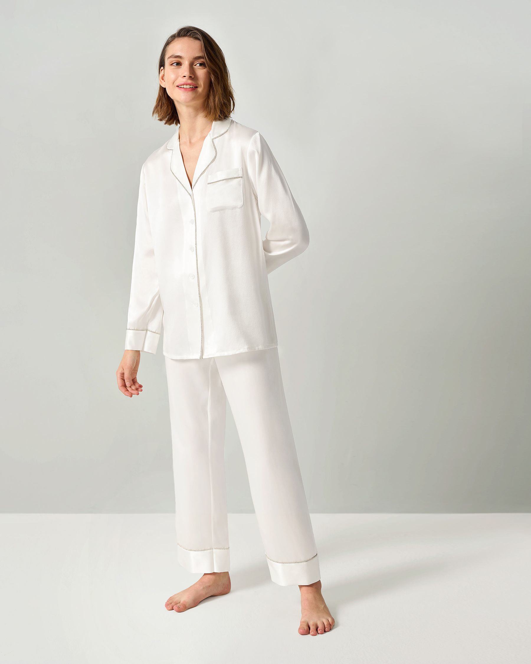 Rhinestone Trimmed Silk Women Pyjamas Set