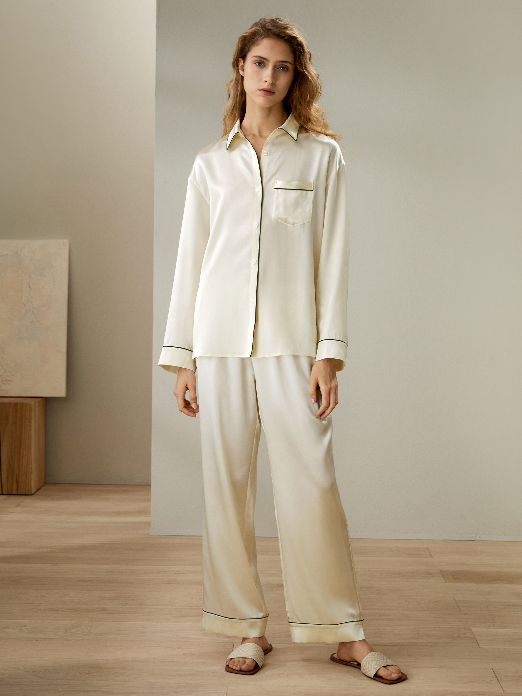 Contrast Piping Button-Up Full Length Pajama Set