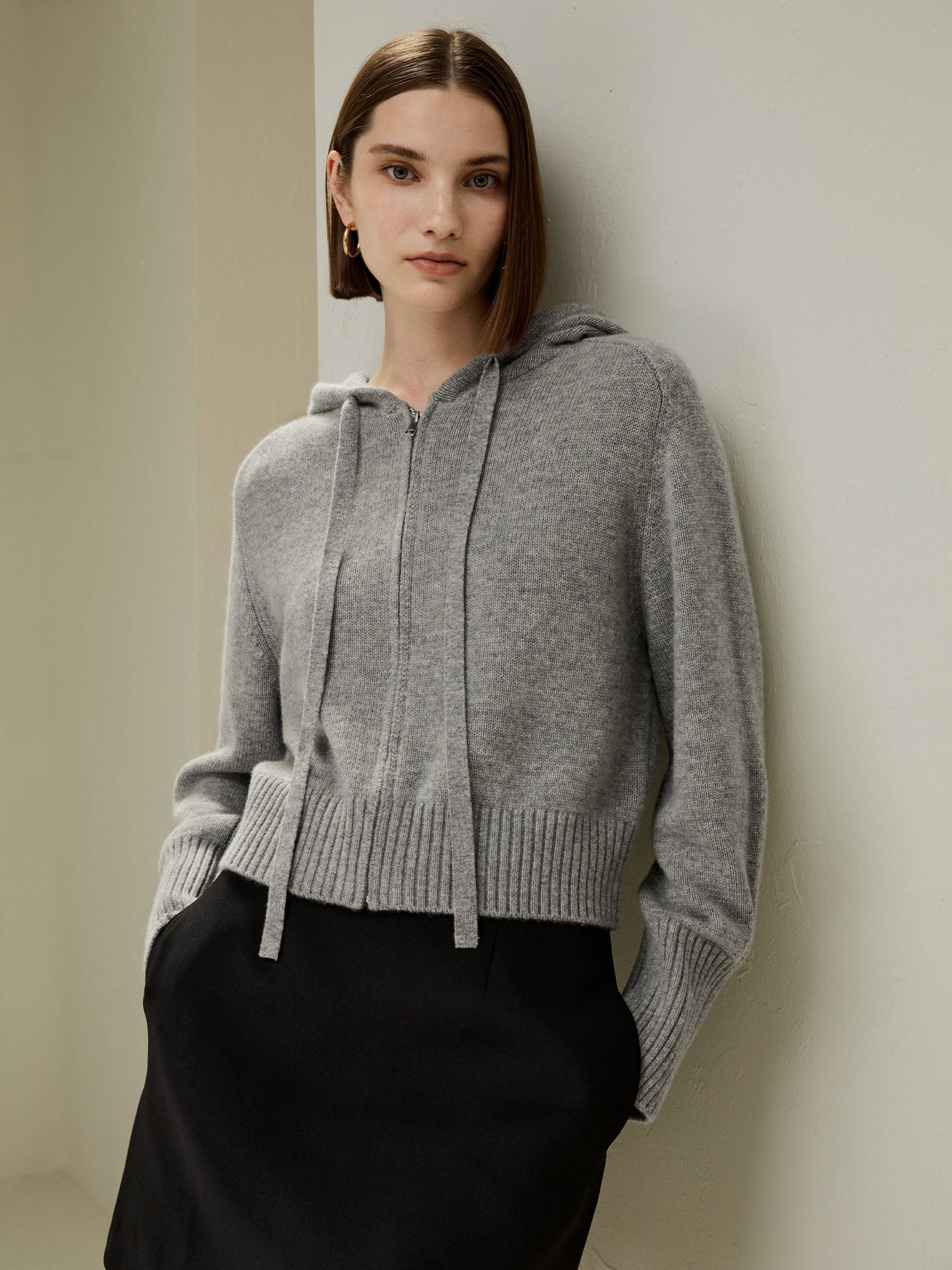 Short Zip-Up Wool Cashmere Hoodie