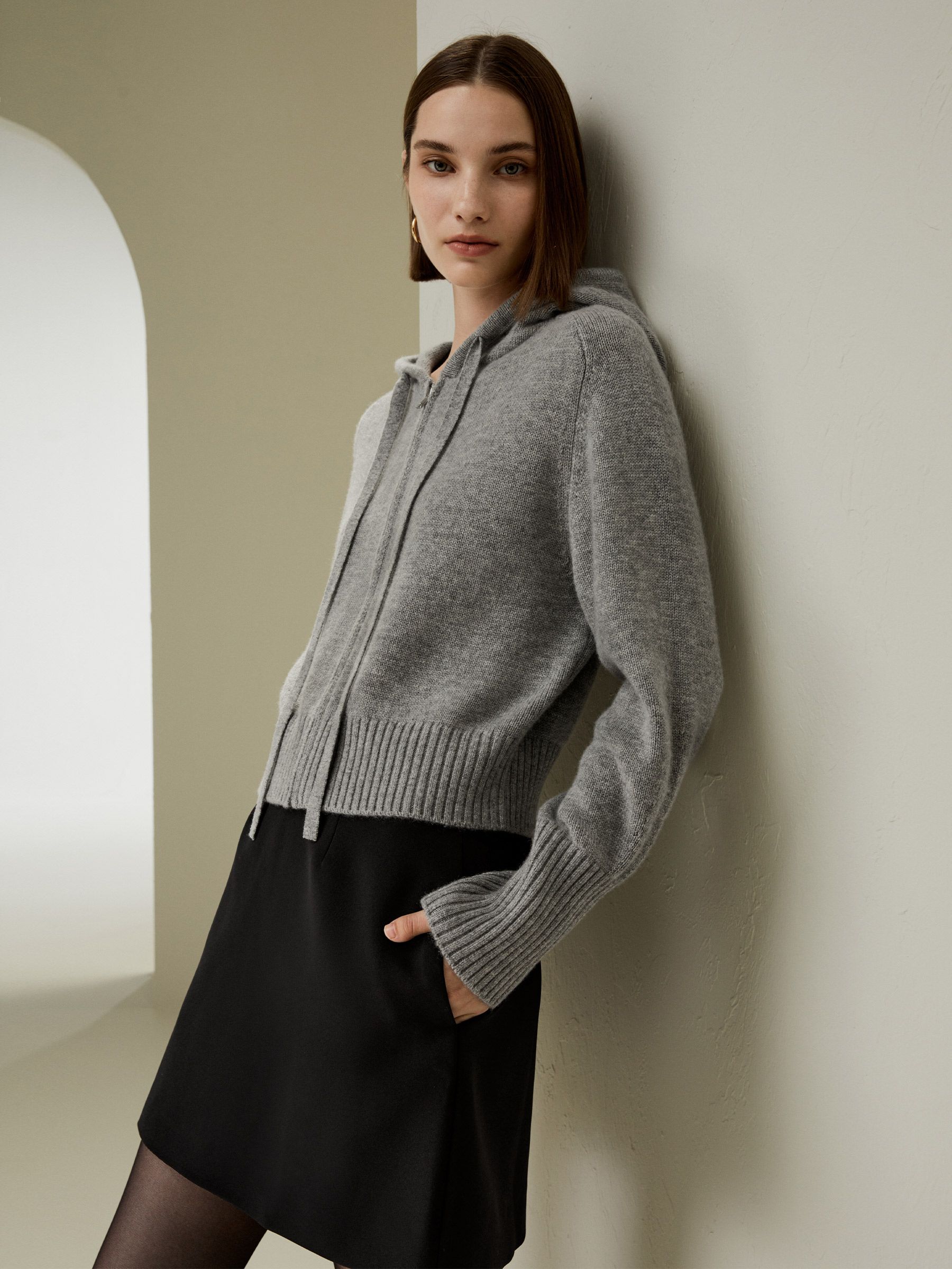 Short Zip-Up Wool Cashmere Hoodie