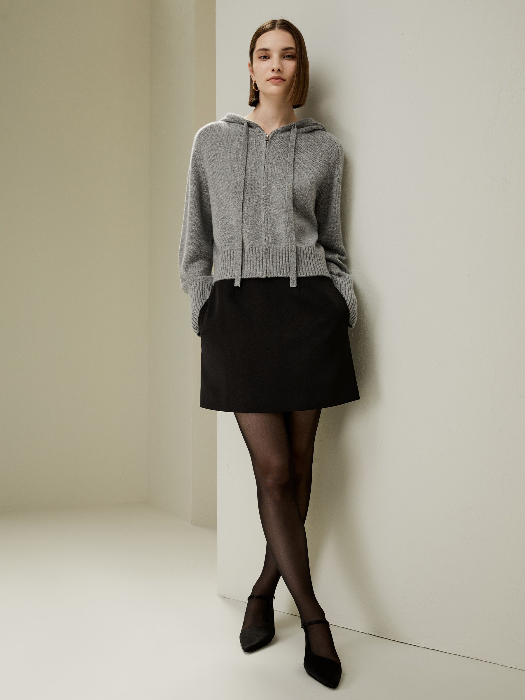 Short Zip-Up Wool Cashmere Hoodie