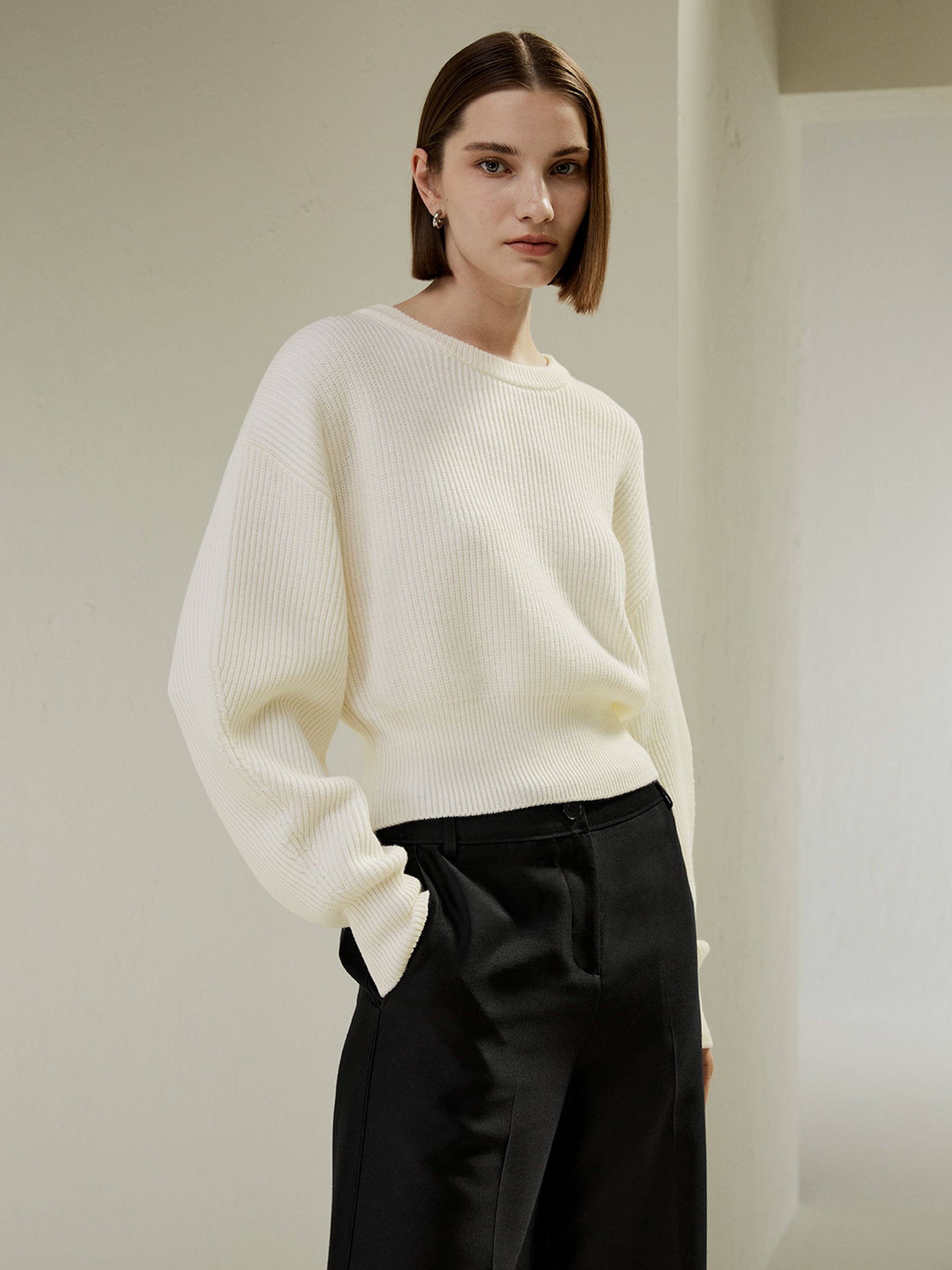 Round Neck Drop-Shoulder Merino Wool Sweater