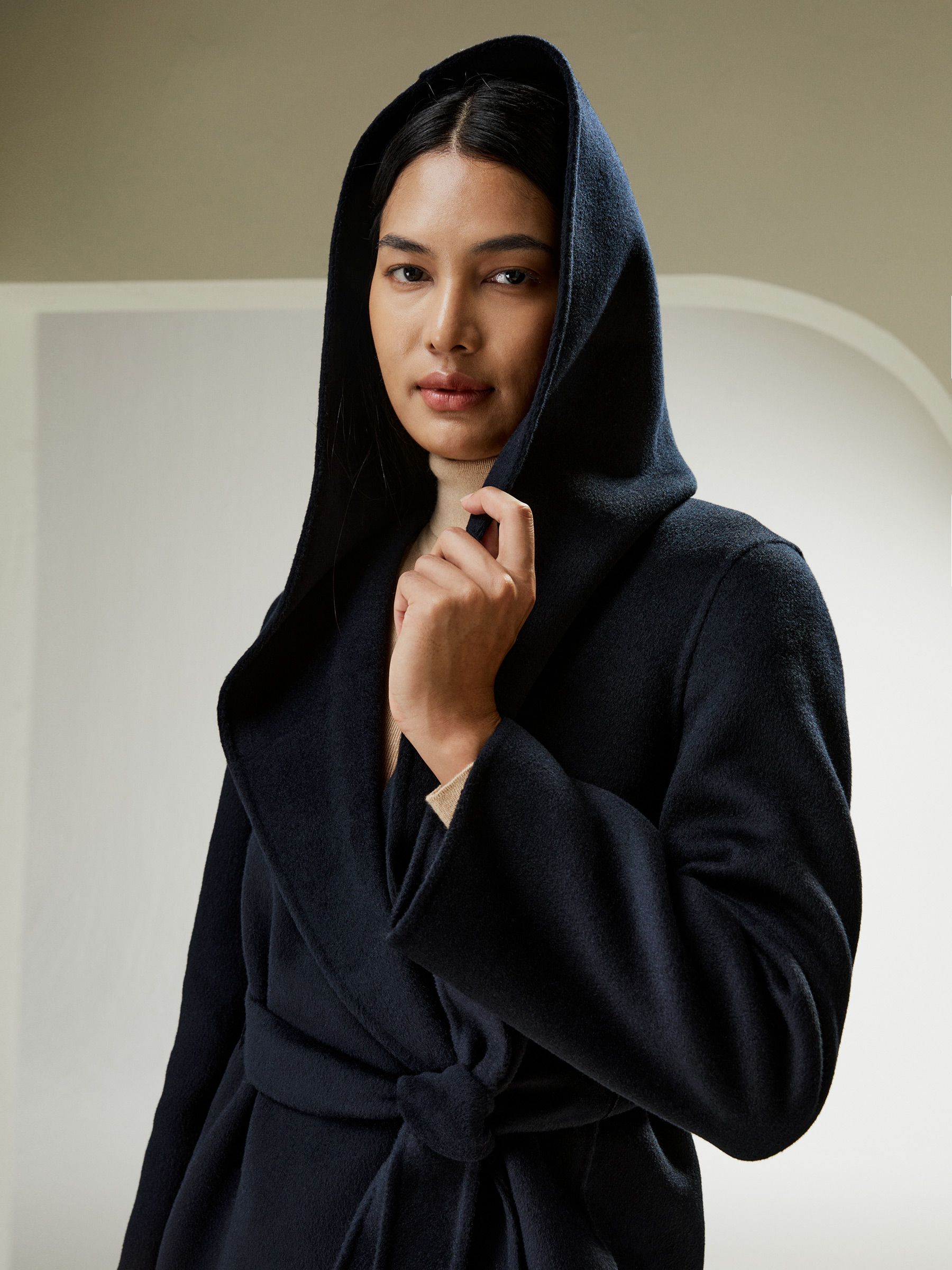 Cashmere-Wool-Blend Belted Short Hooded Coat