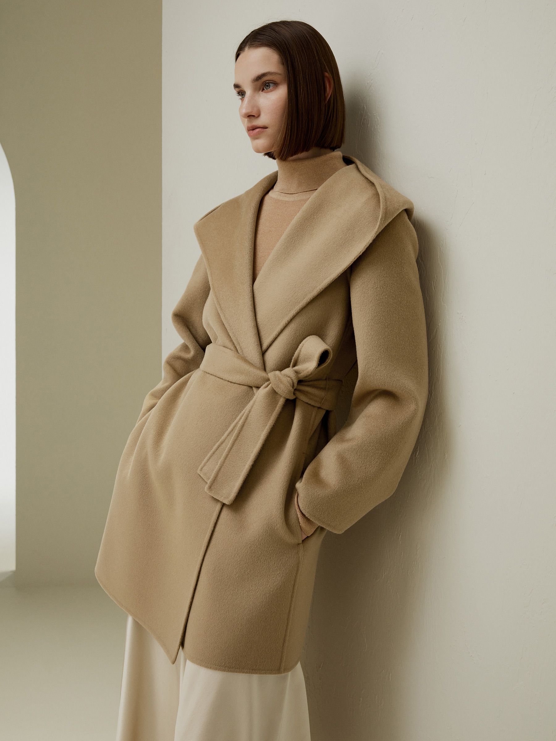 Cashmere-Wool-Blend Belted Short Hooded Coat