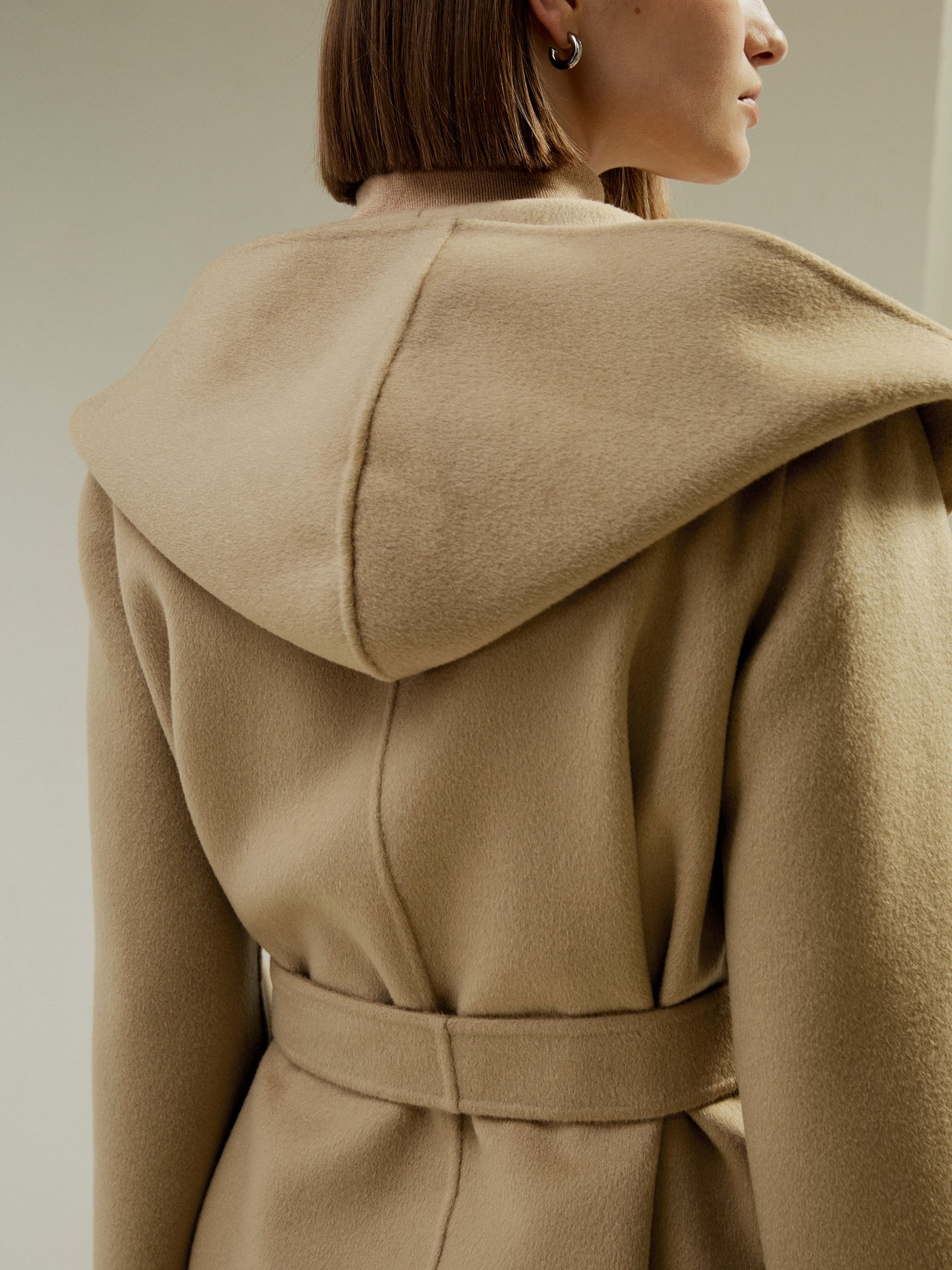 Cashmere-Wool-Blend Belted Short Hooded Coat