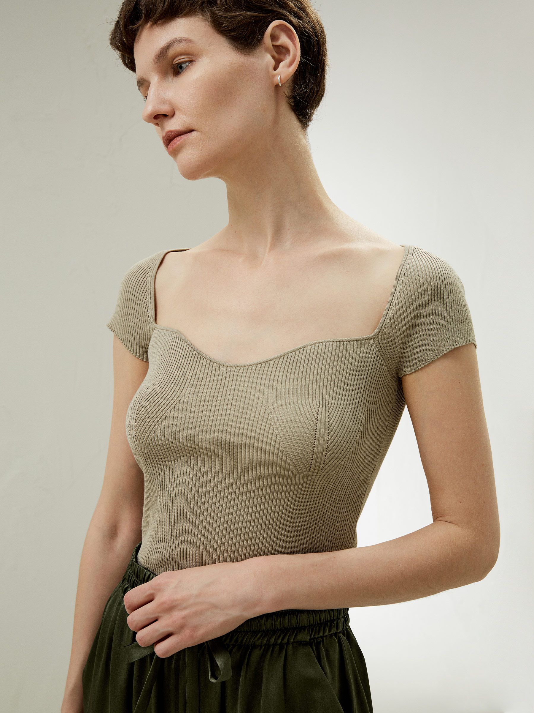 Sweetheart Neck Ribbed Silk Knit Top