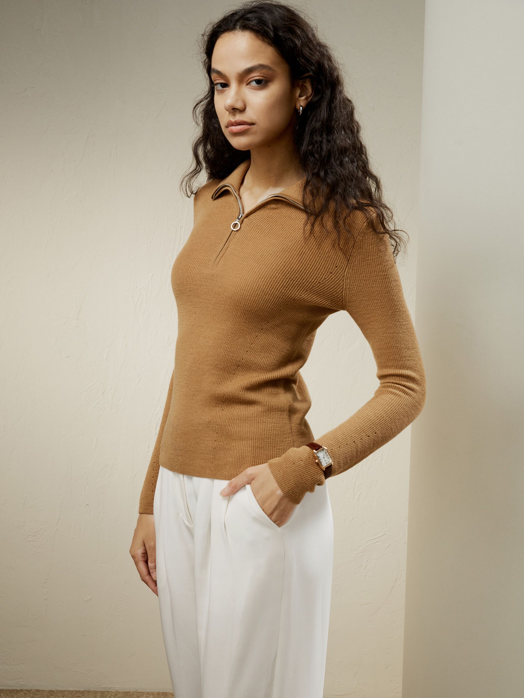 Gaia Ribbed Half Zip Ultra-fine Merino Wool Sweater