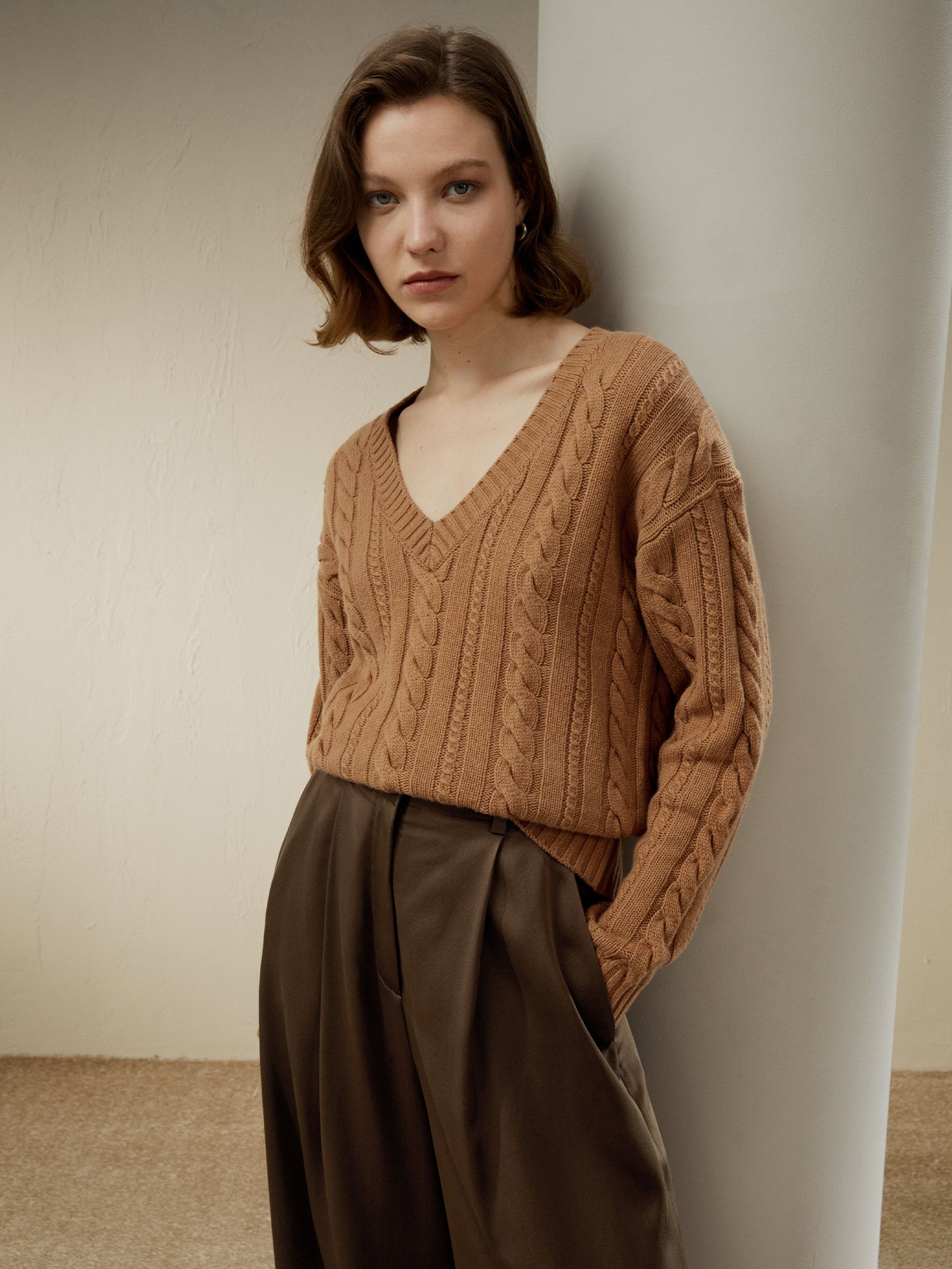 Pull en mélange de laine et de cachemire à tricot torsadé