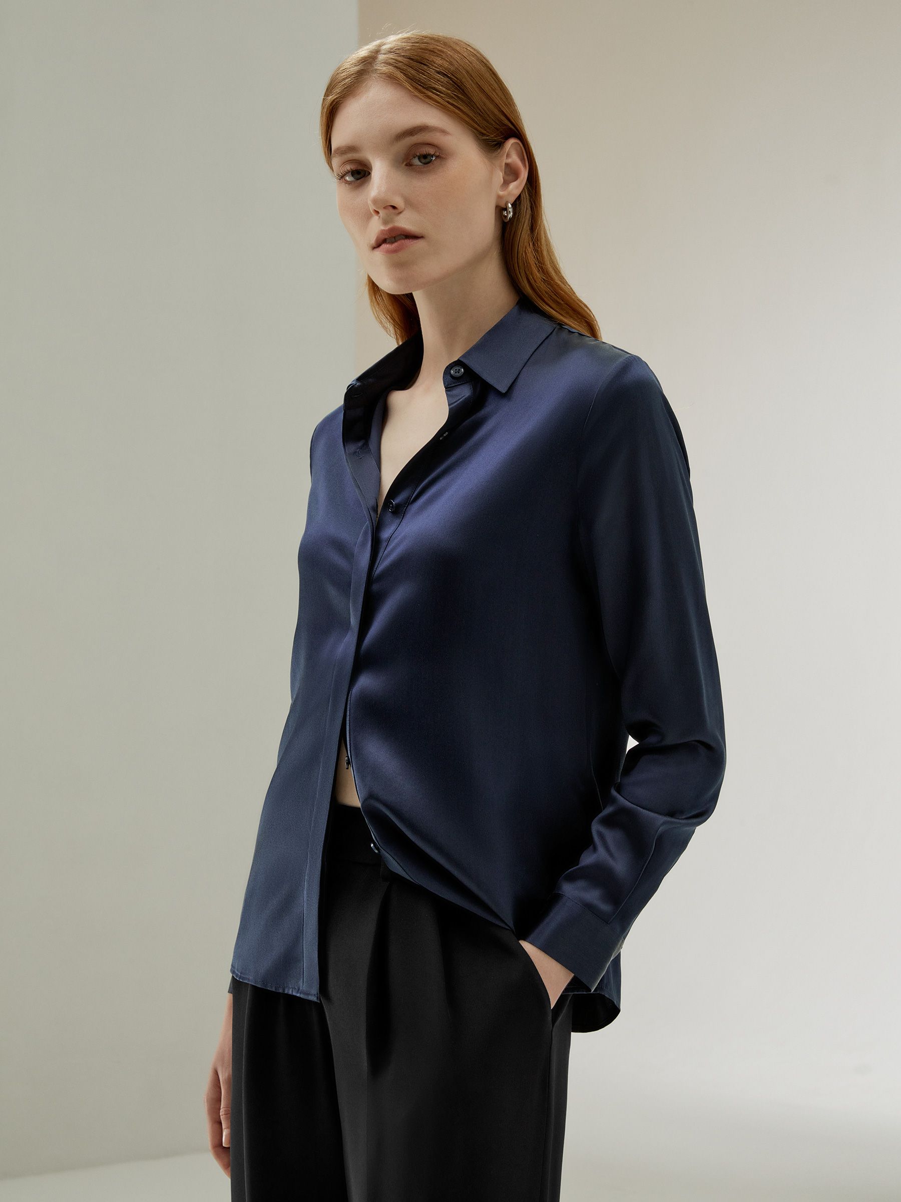 Basic Concealed Placket Women Silk Shirt