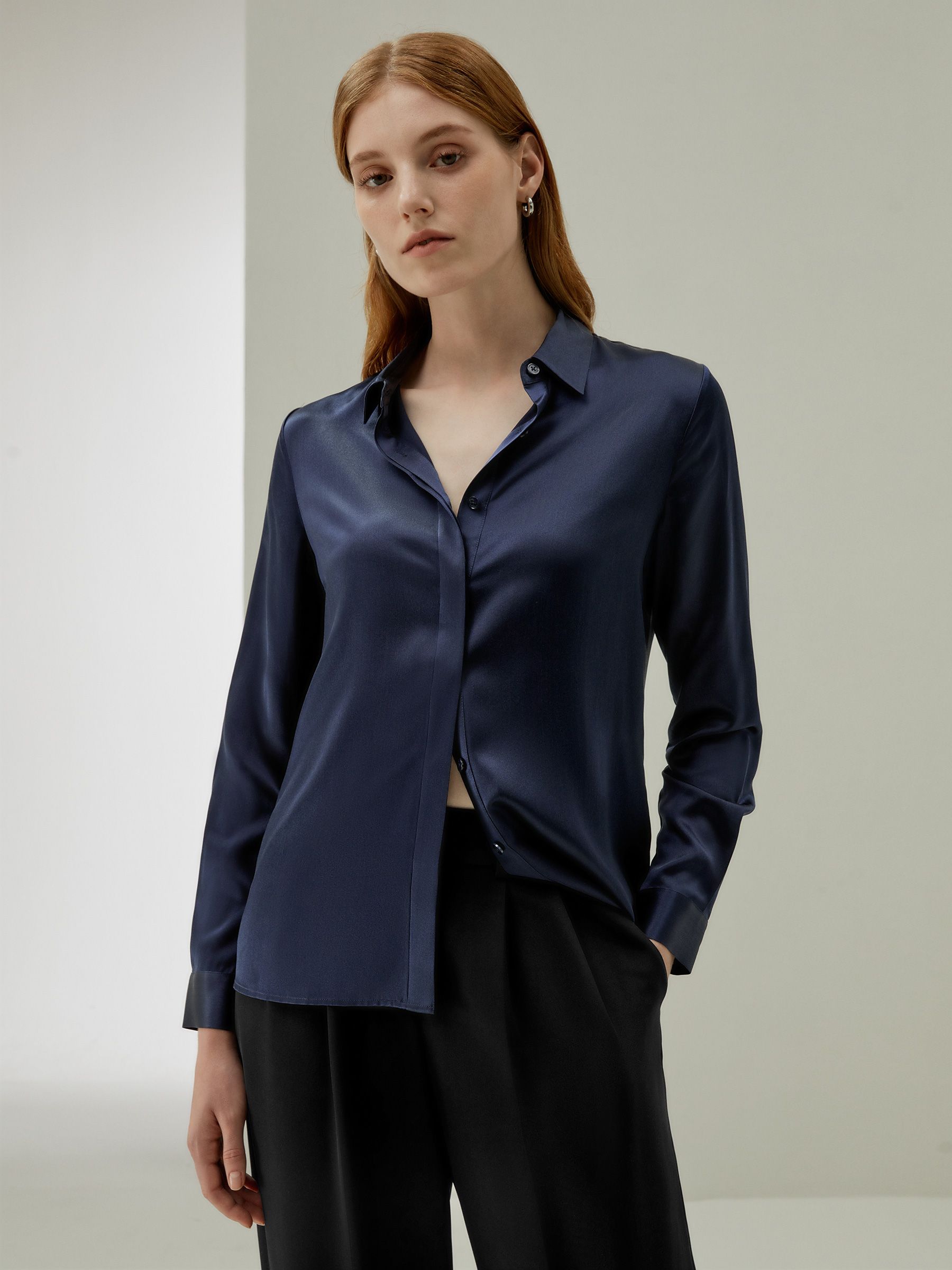 Basic Concealed Placket women Silk Shirt