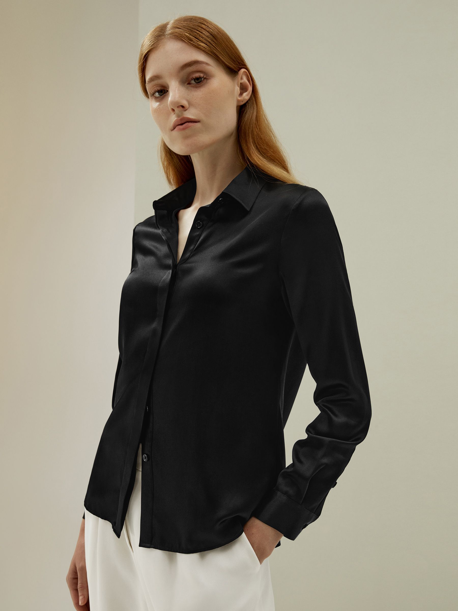 Basic Concealed Placket women Silk Shirt