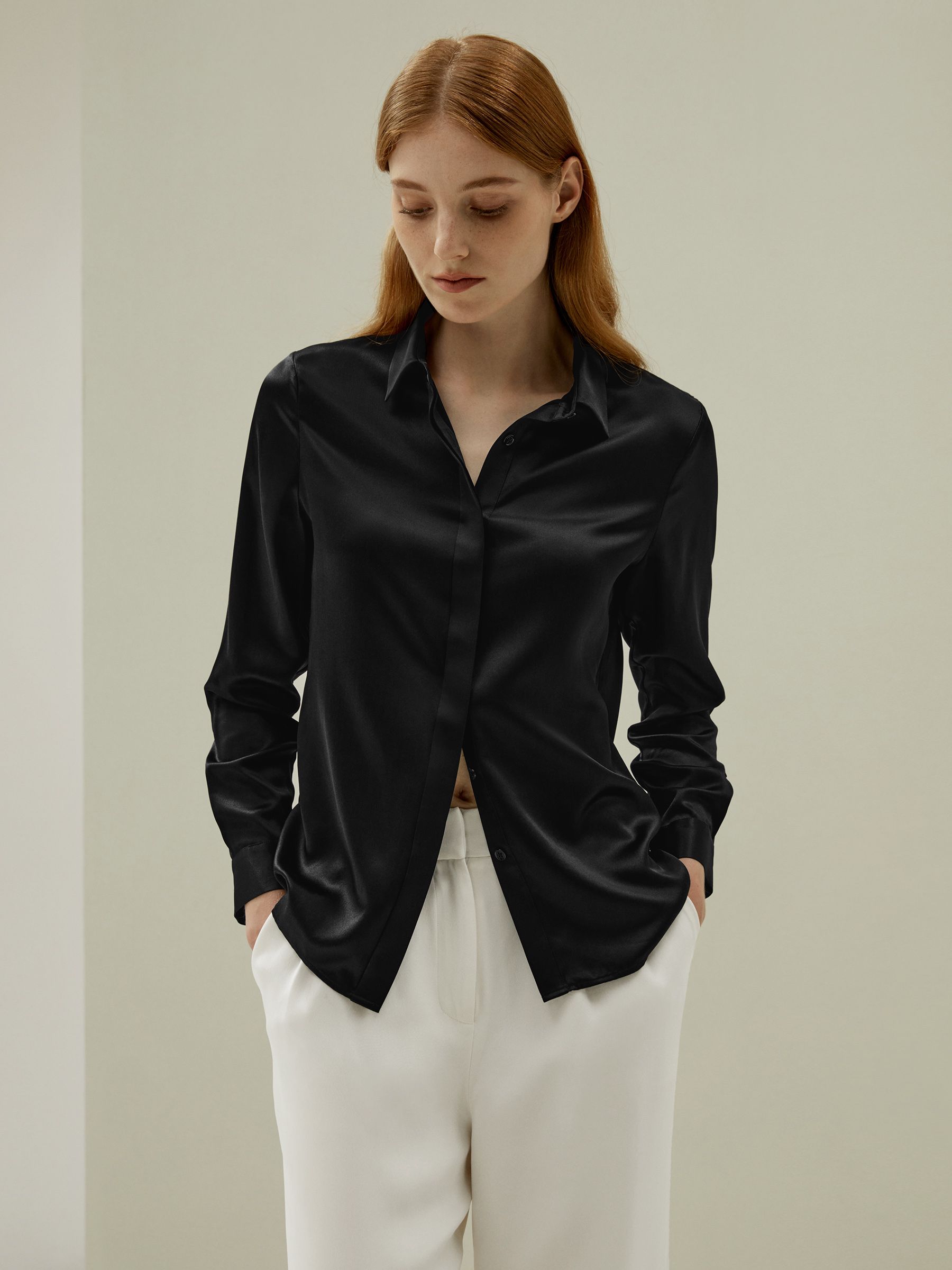 Basic Concealed Placket women Silk Shirt