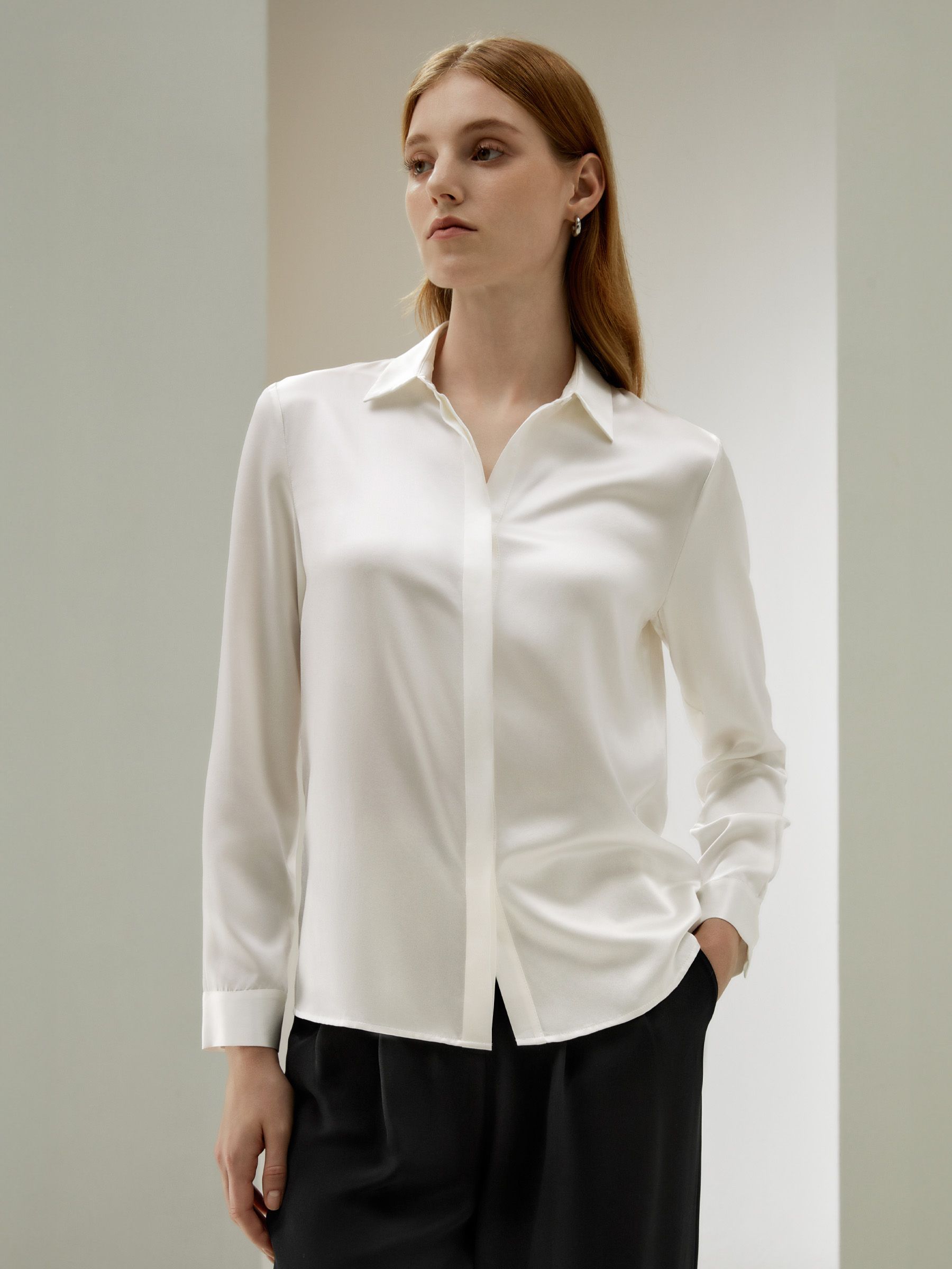 Basic Concealed Placket Women Silk Shirt