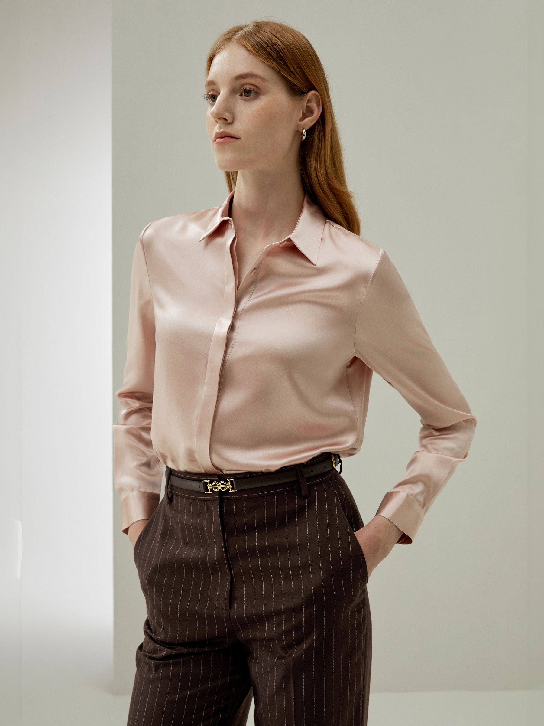 Basic Concealed Placket women Silk Shirt