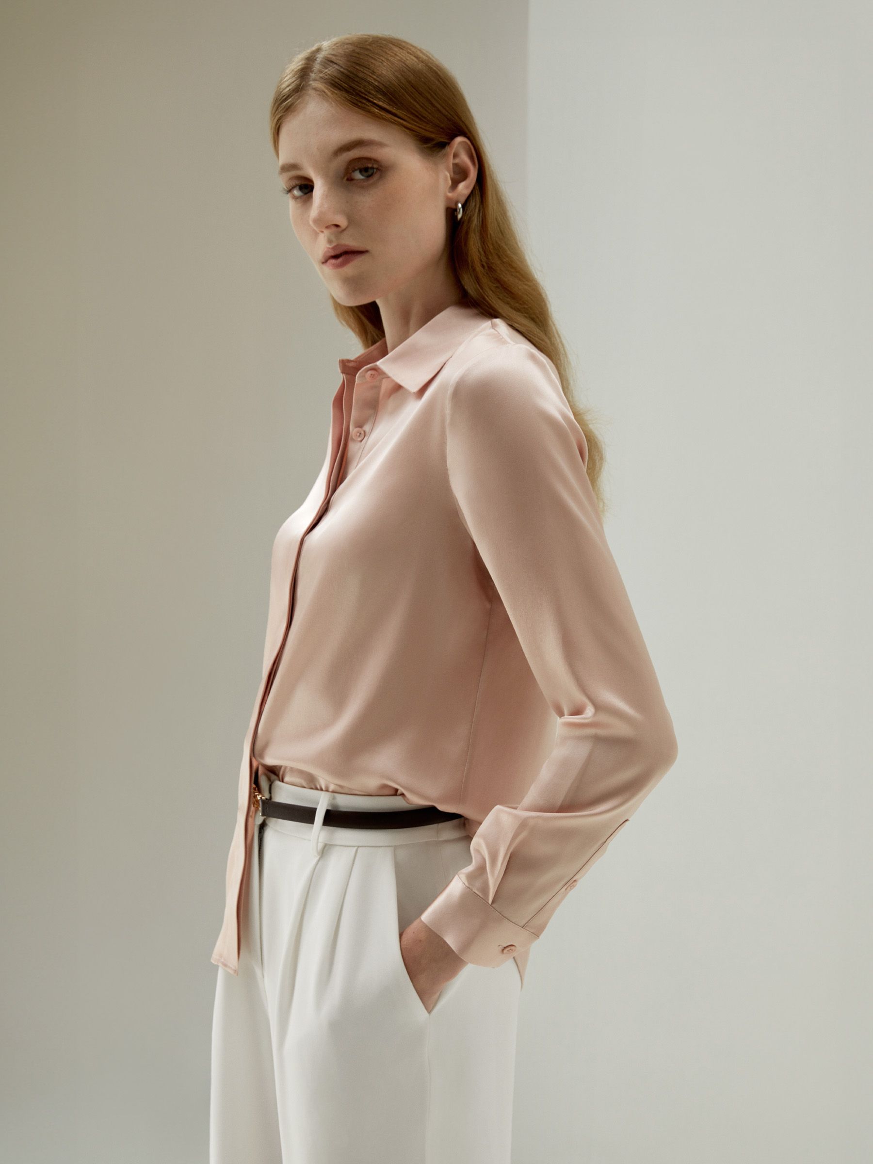 Basic Concealed Placket Women Silk Shirt