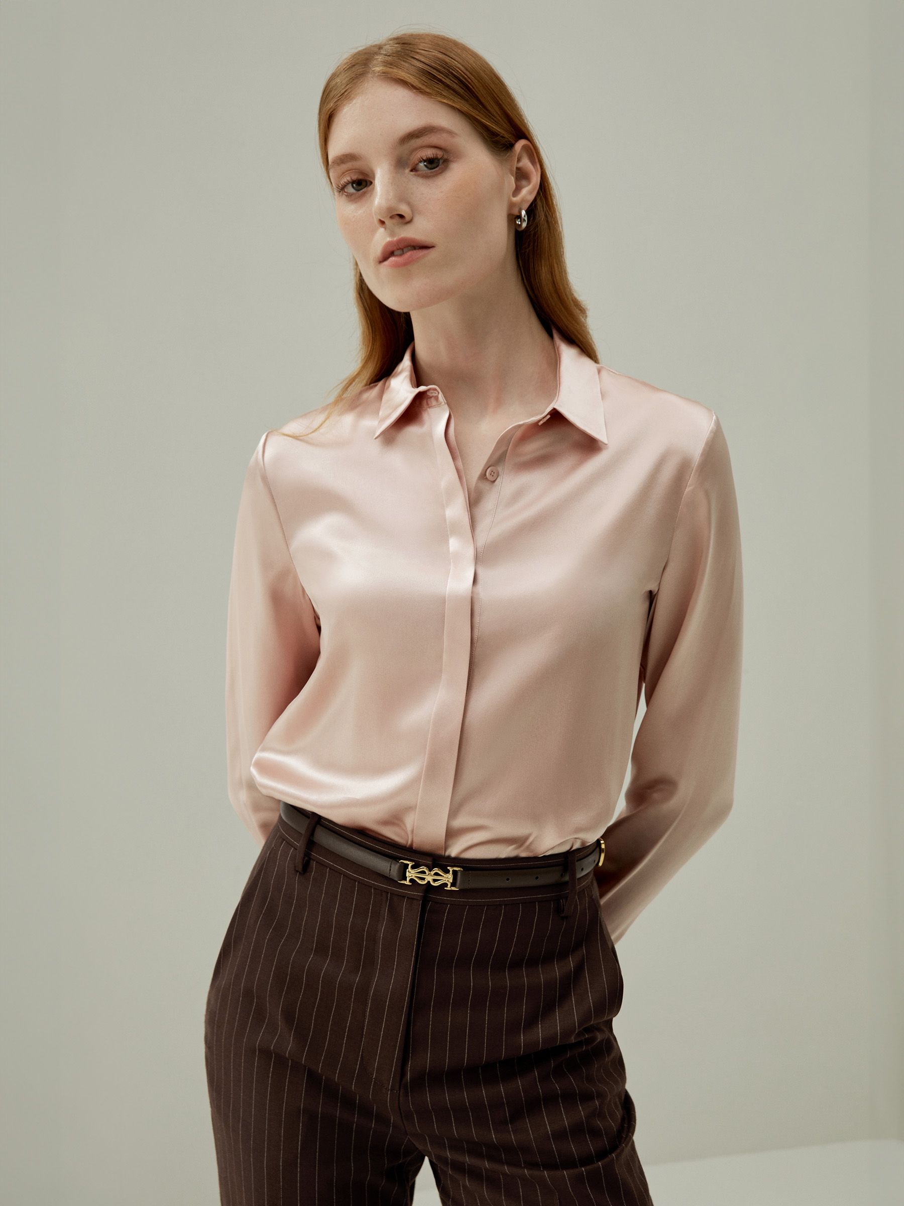 Basic Concealed Placket women Silk Shirt