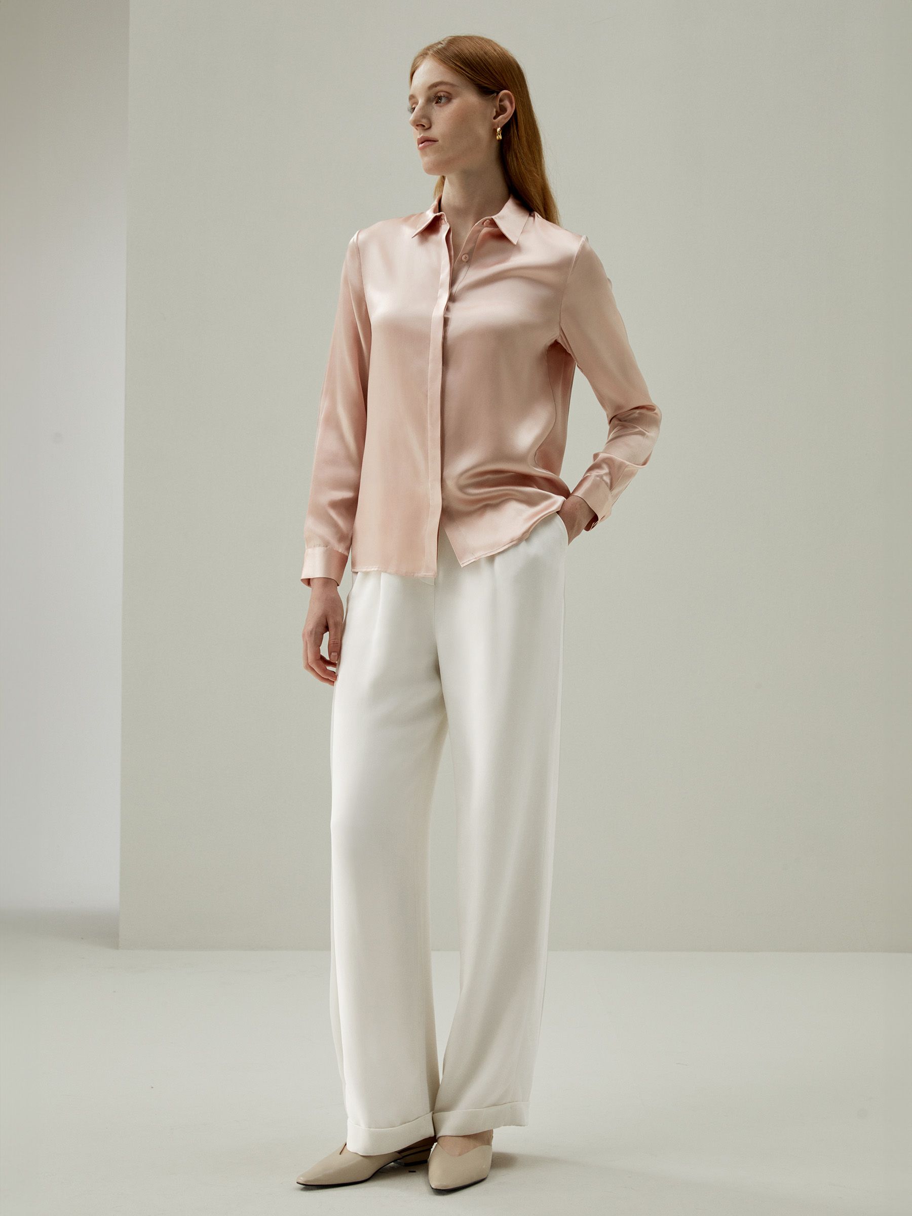 Basic Concealed Placket Women Silk Shirt