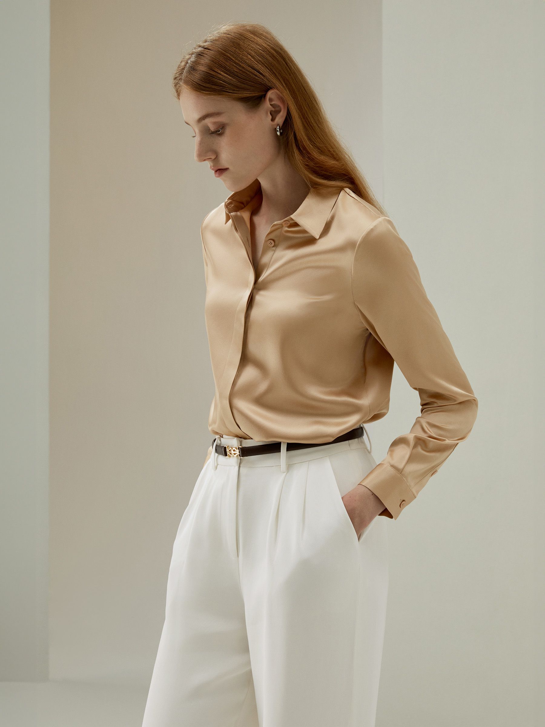 Basic Concealed Placket Women Silk Shirt