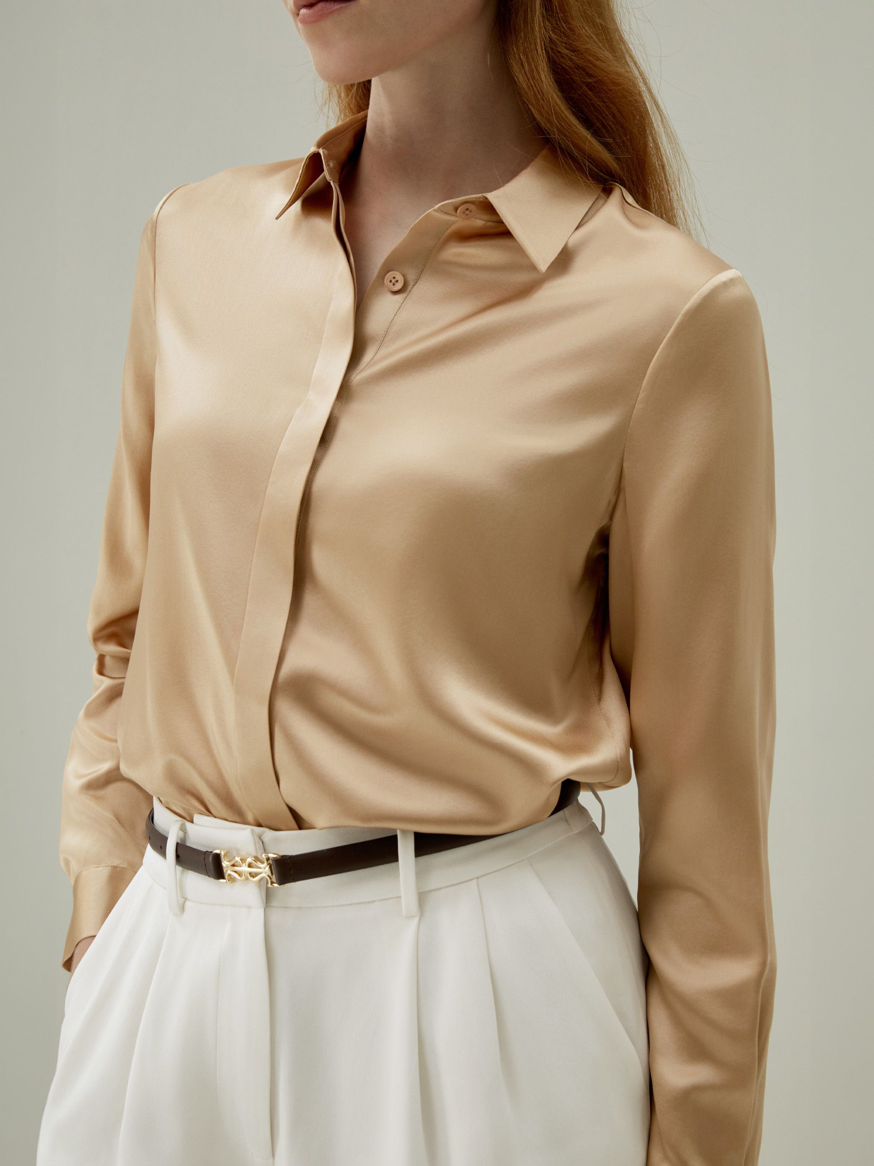 Basic Concealed Placket Women Silk Shirt